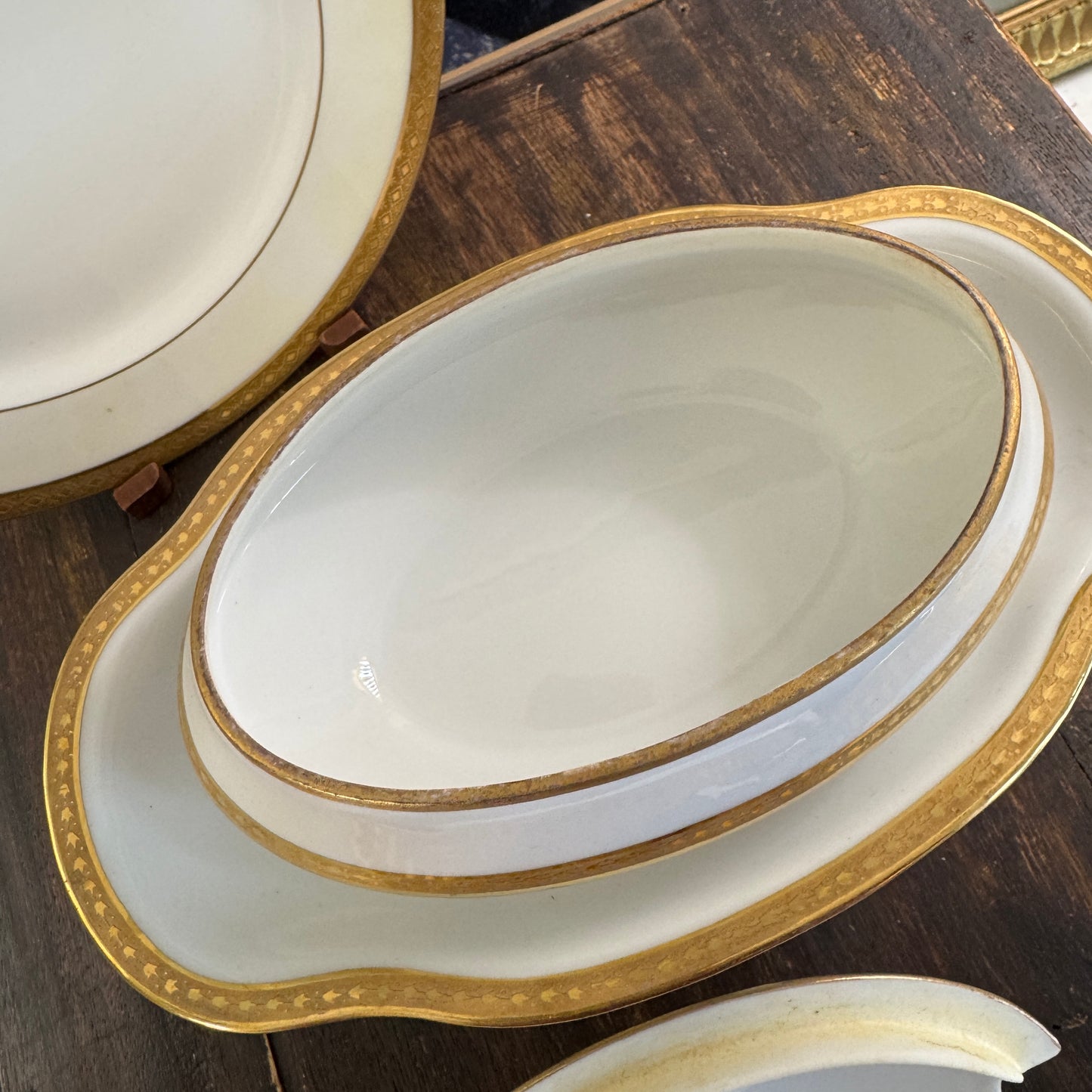 French Old Abbey Limoges Covered Sauce Boat & Underplate Gilt Edge