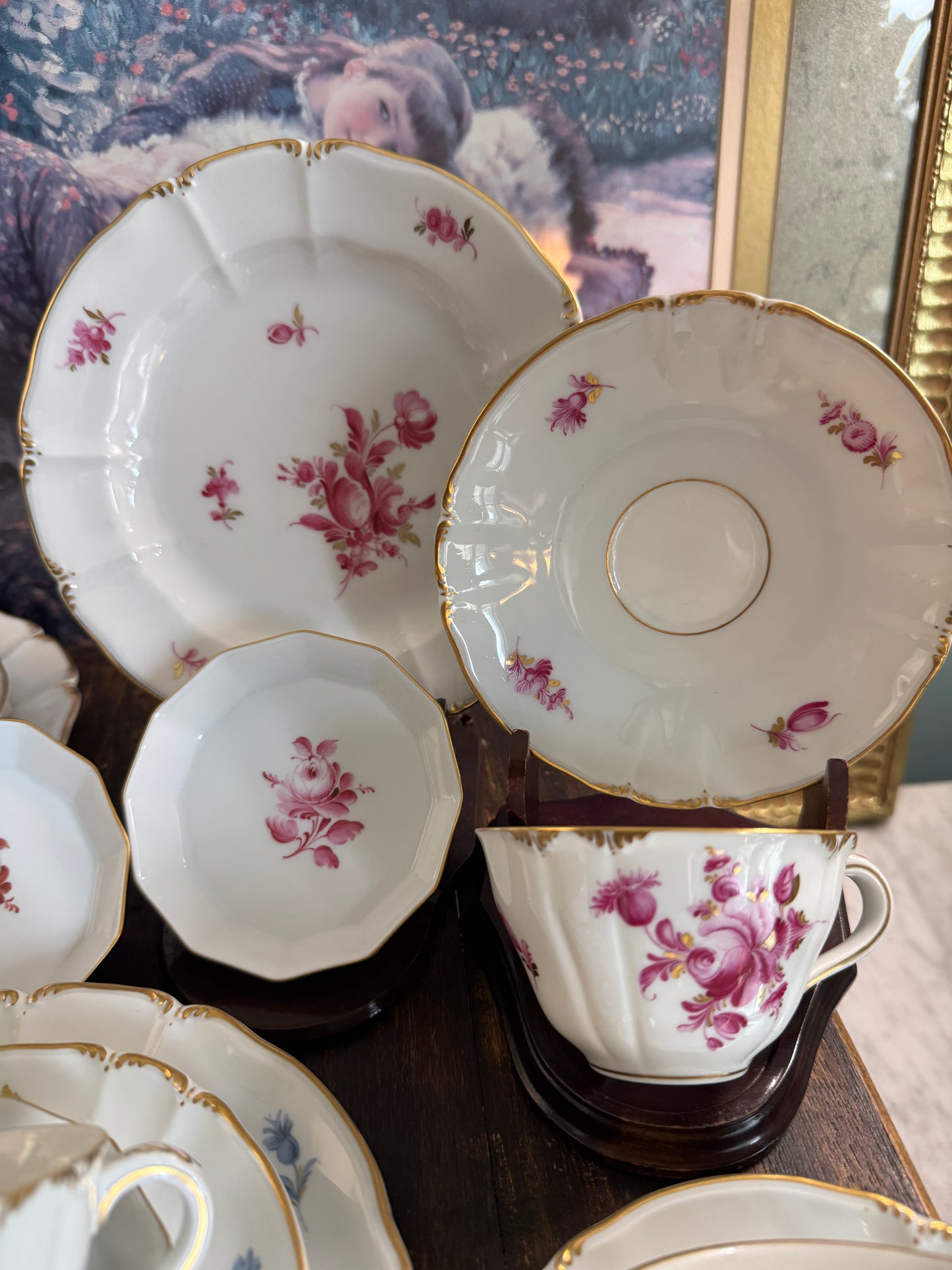 24 Pce Set Nyphenburg Crest Dresden Flowers China Demitasse Cup, Saucer, and Plates