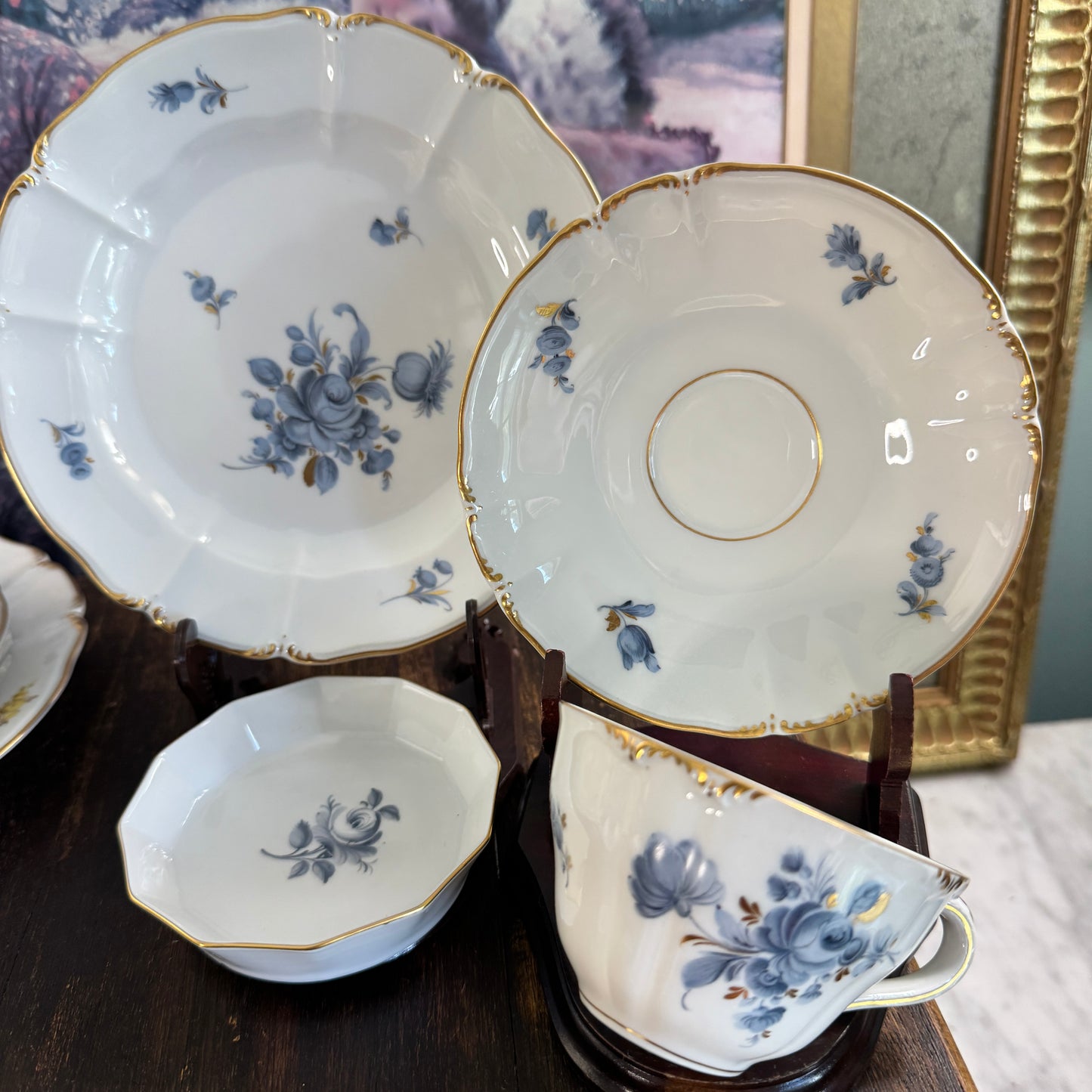 24 Pce Set Nyphenburg Crest Dresden Flowers China Demitasse Cup, Saucer, and Plates