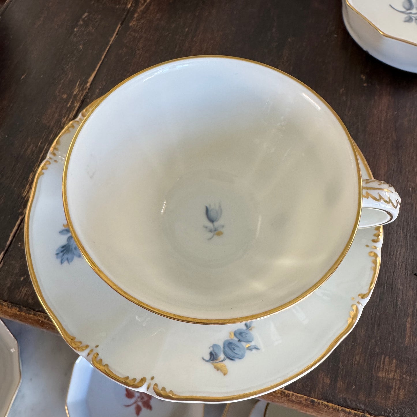 24 Pce Set Nyphenburg Crest Dresden Flowers China Demitasse Cup, Saucer, and Plates