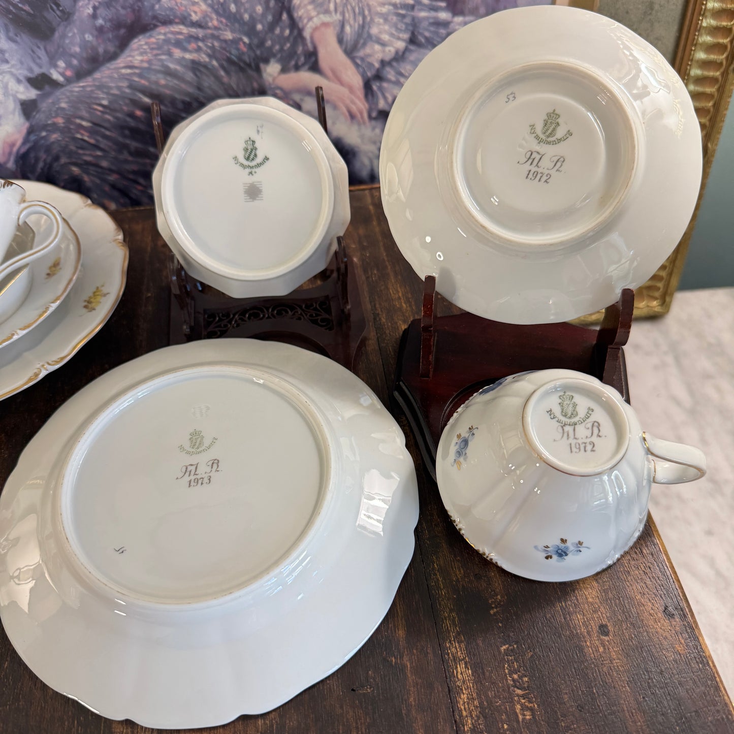 24 Pce Set Nyphenburg Crest Dresden Flowers China Demitasse Cup, Saucer, and Plates