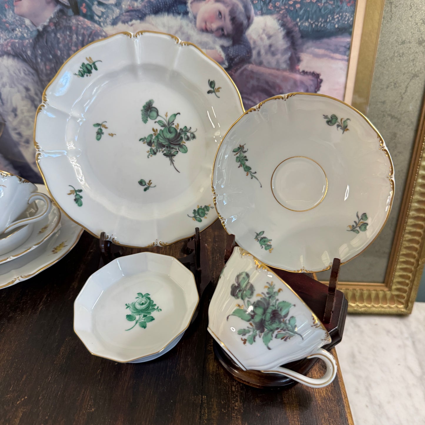 24 Pce Set Nyphenburg Crest Dresden Flowers China Demitasse Cup, Saucer, and Plates