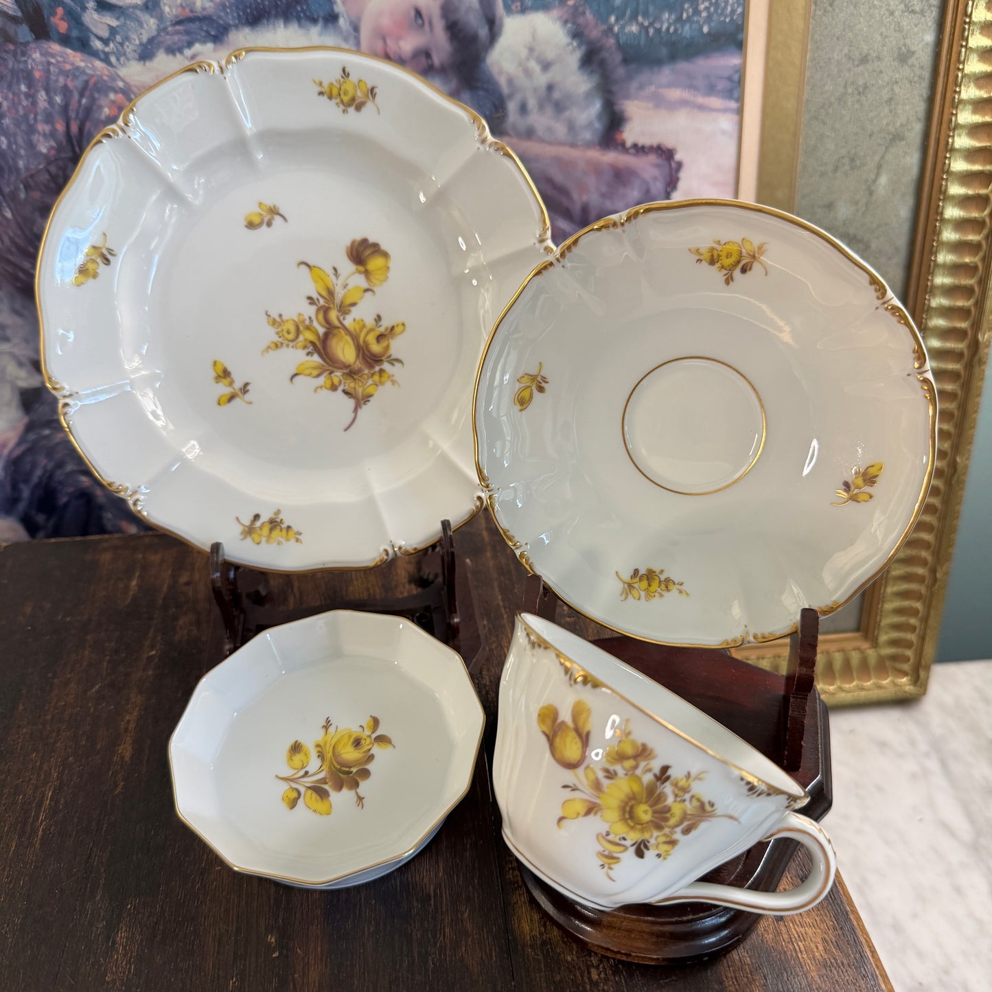 24 Pce Set Nyphenburg Crest Dresden Flowers China Demitasse Cup, Saucer, and Plates
