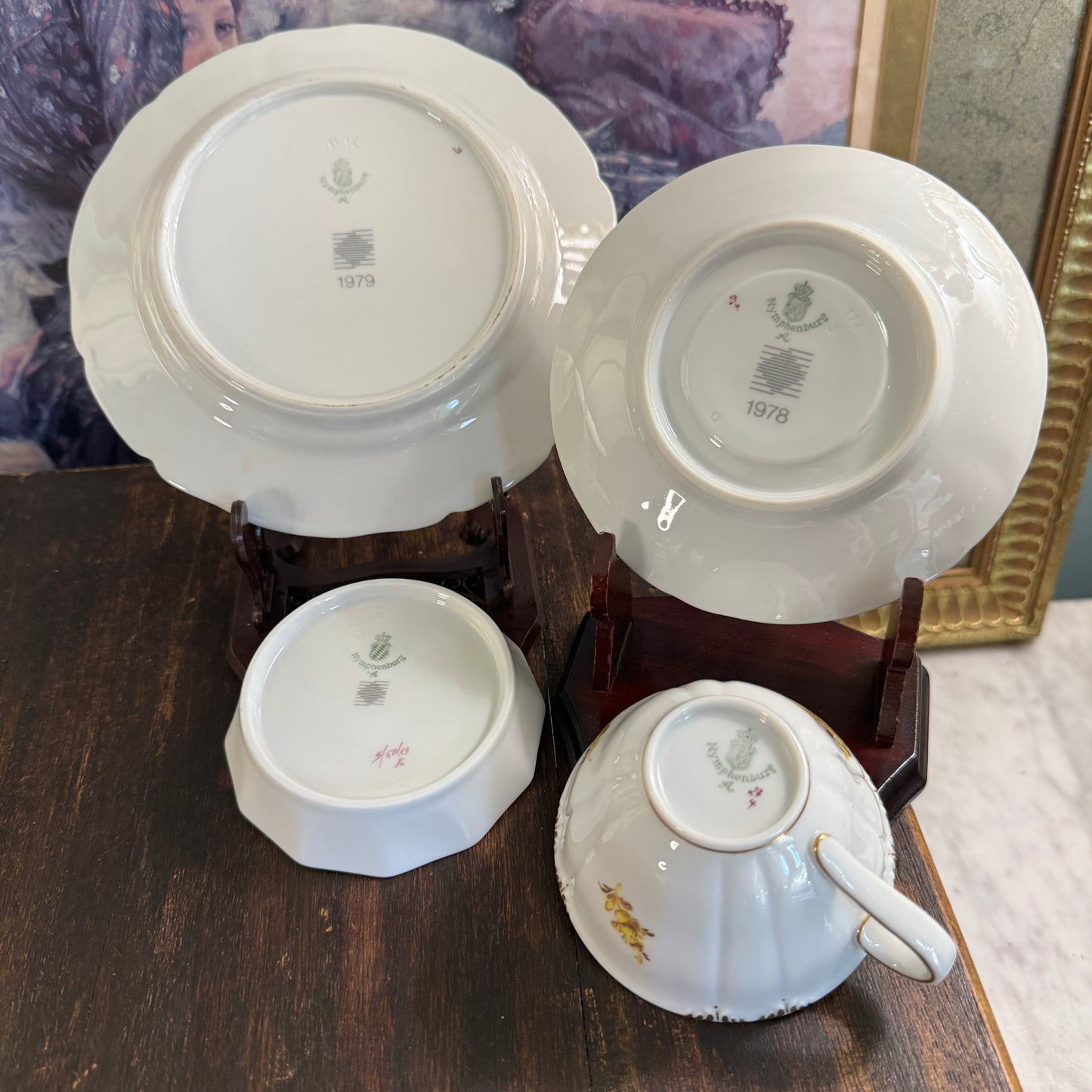 24 Pce Set Nyphenburg Crest Dresden Flowers China Demitasse Cup, Saucer, and Plates