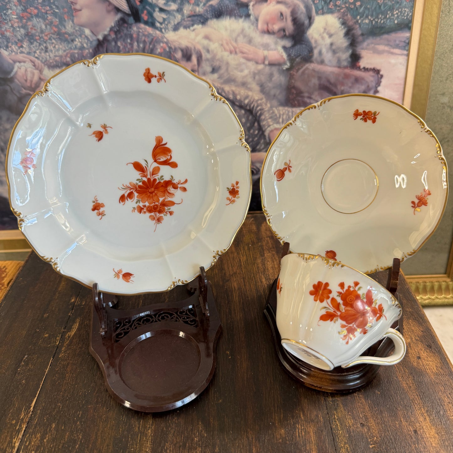 24 Pce Set Nyphenburg Crest Dresden Flowers China Demitasse Cup, Saucer, and Plates