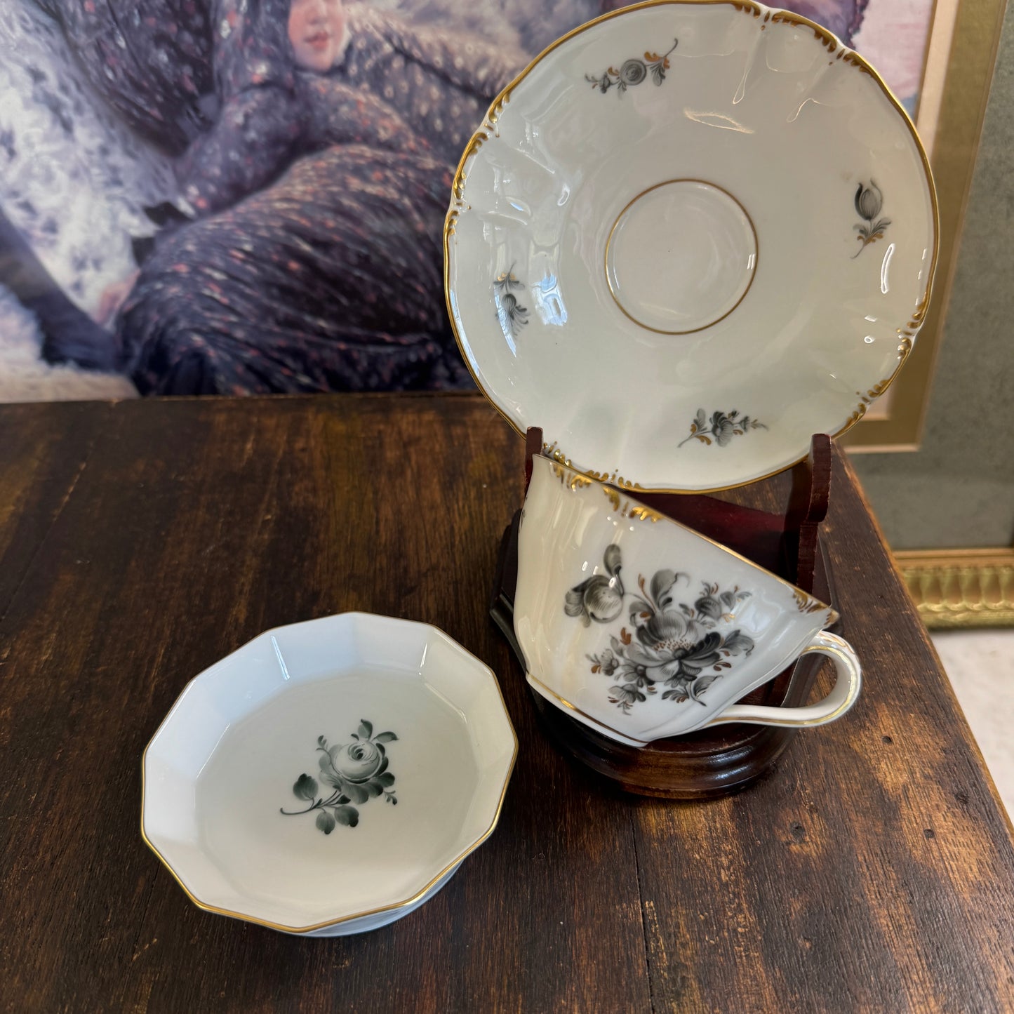 24 Pce Set Nyphenburg Crest Dresden Flowers China Demitasse Cup, Saucer, and Plates