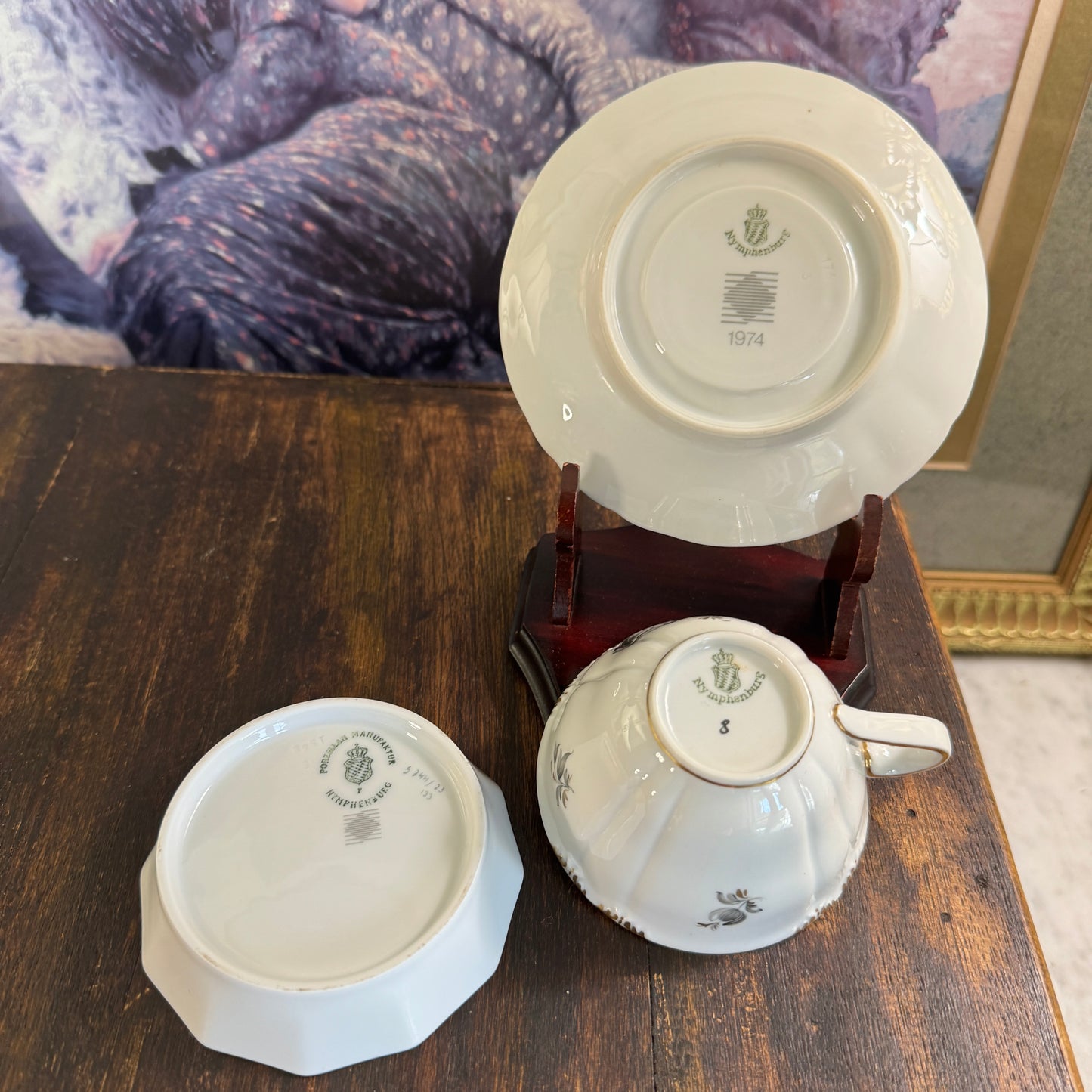 24 Pce Set Nyphenburg Crest Dresden Flowers China Demitasse Cup, Saucer, and Plates