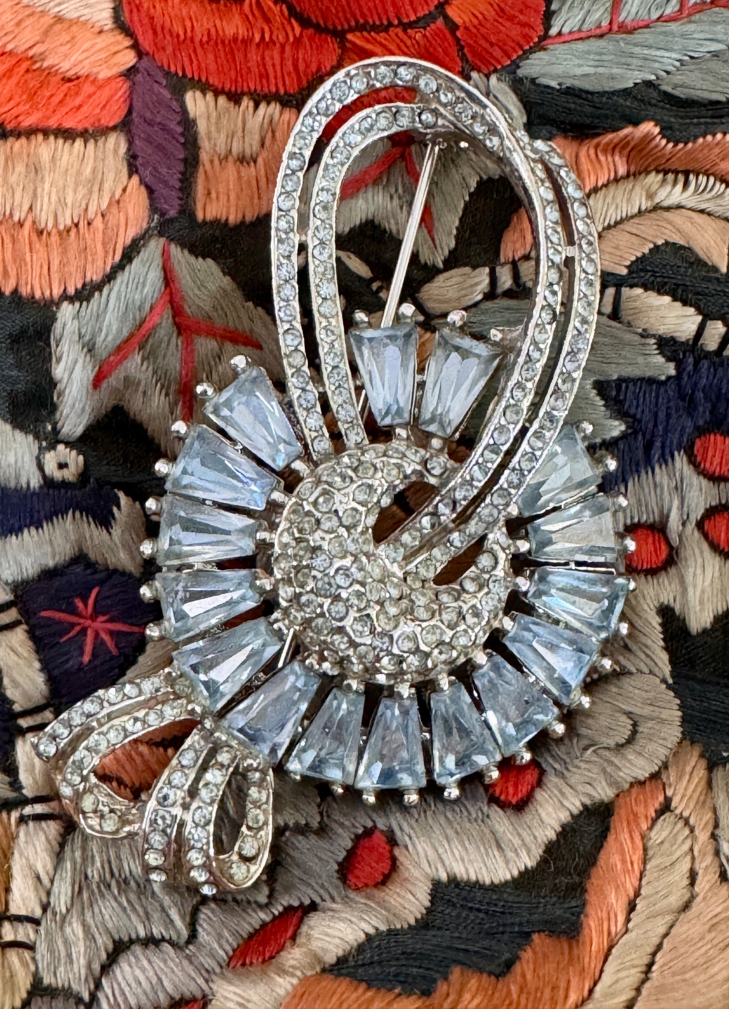 Vintage Blue Keystone Rhinestone Brooch — Silver Tone Statement Pin