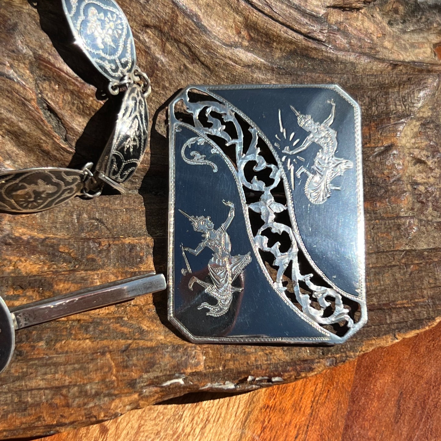 Vintage 6 Piece Siam Sterling Silver Nielloware Pins, Bracelets, & Earring Set