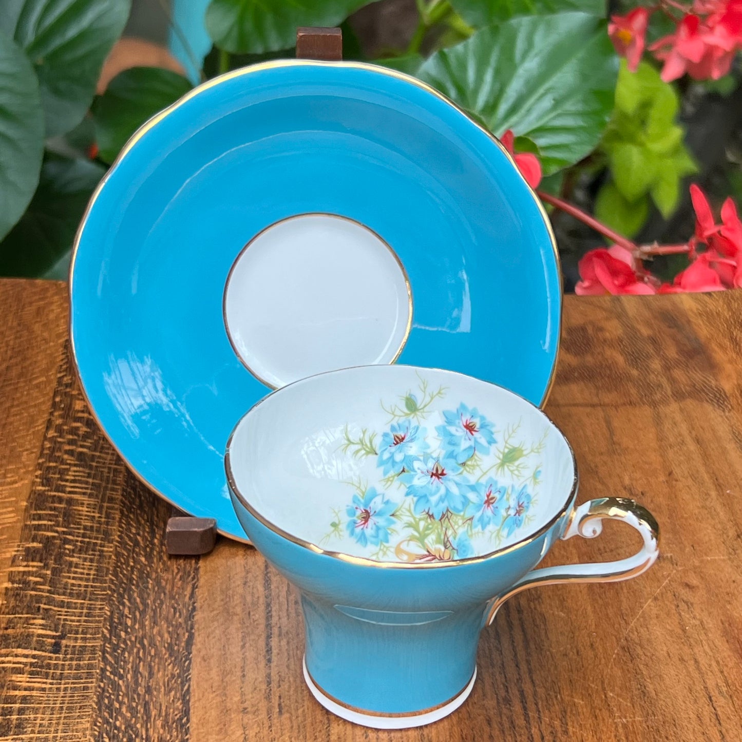 Vintage Aynsley Teal Blue Tea Cup & Saucer Love In A Mist Corset Cup England