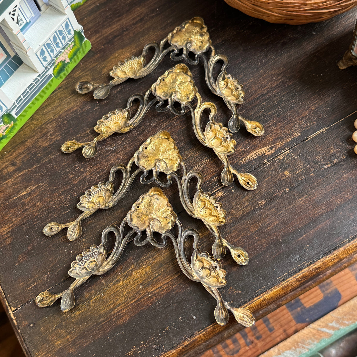 Antique Art Nouveau Cast Brass Geranium Leaf Appliqués, Set of 4