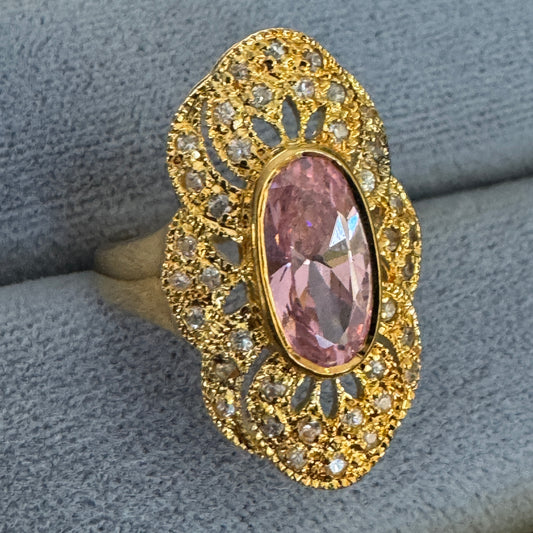 Vintage Gilt Sterling Silver Princess Pink Semi Precious Gemstone and Diamond Ring Sze 7-1/4