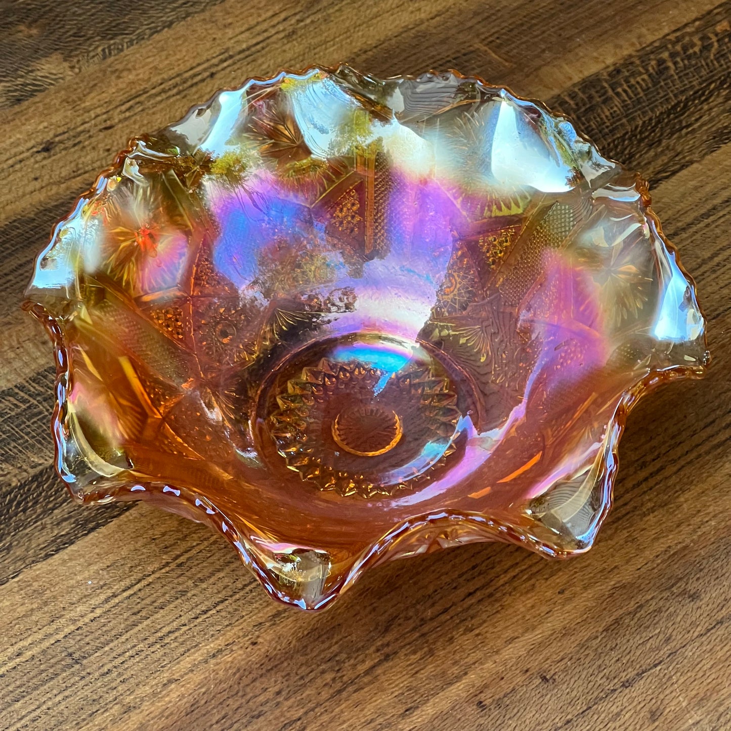 Marigold Ruffled Edge Carnival Glass Bowl