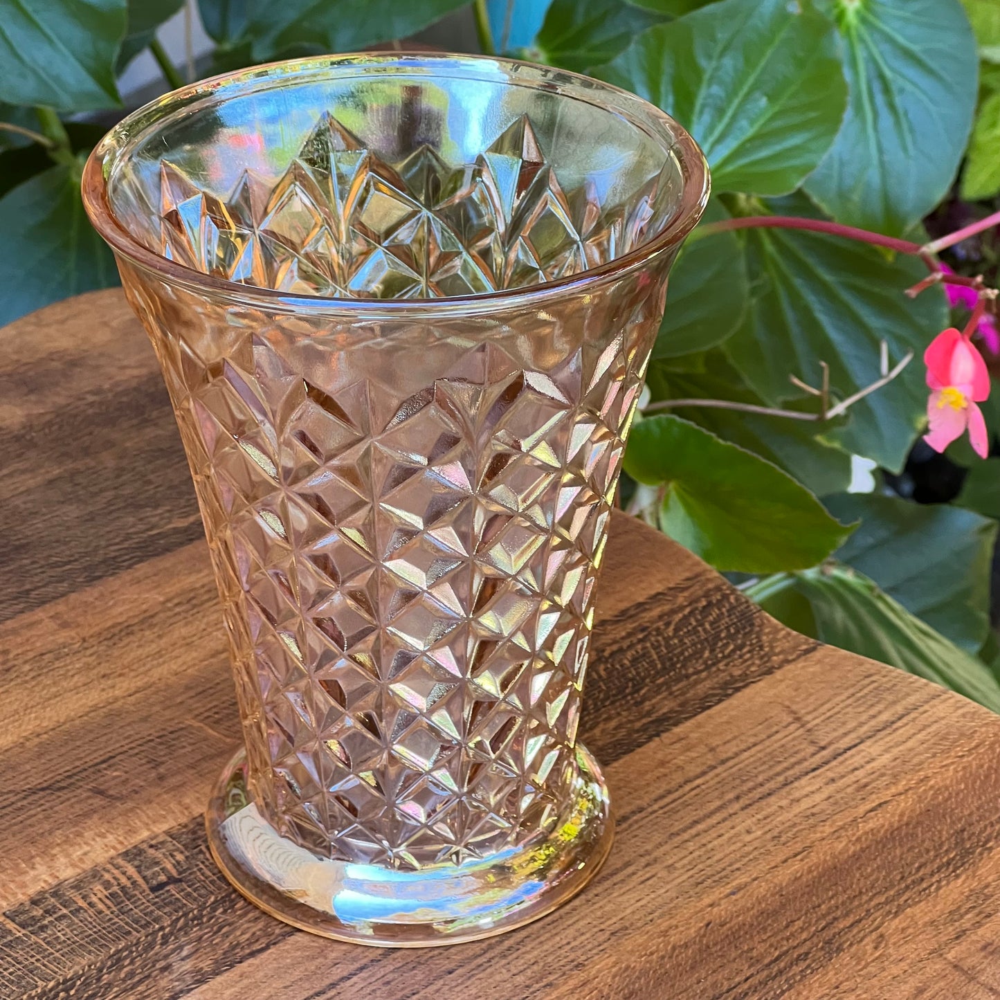 Vintage Sowerby Diamond Pinwheel Peach Carnival Glass Vase