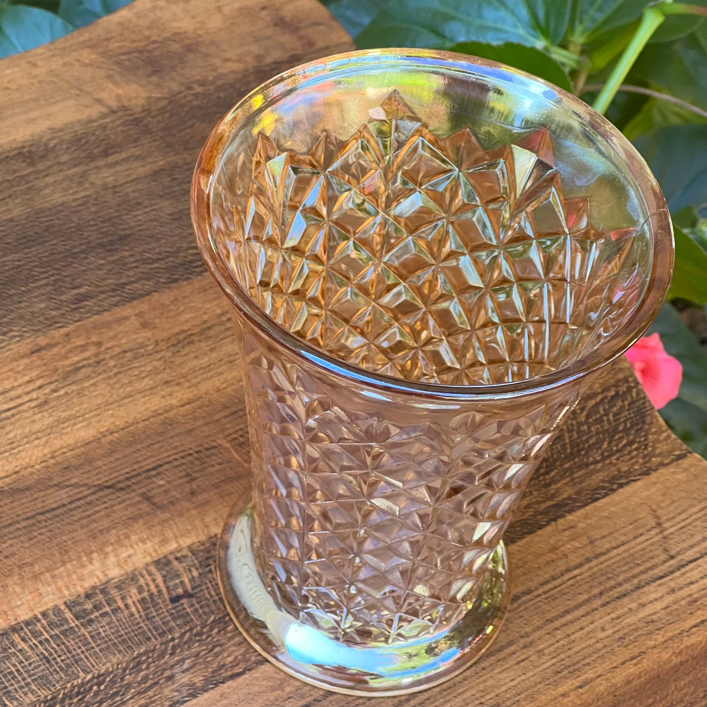 Vintage Sowerby Diamond Pinwheel Peach Carnival Glass Vase