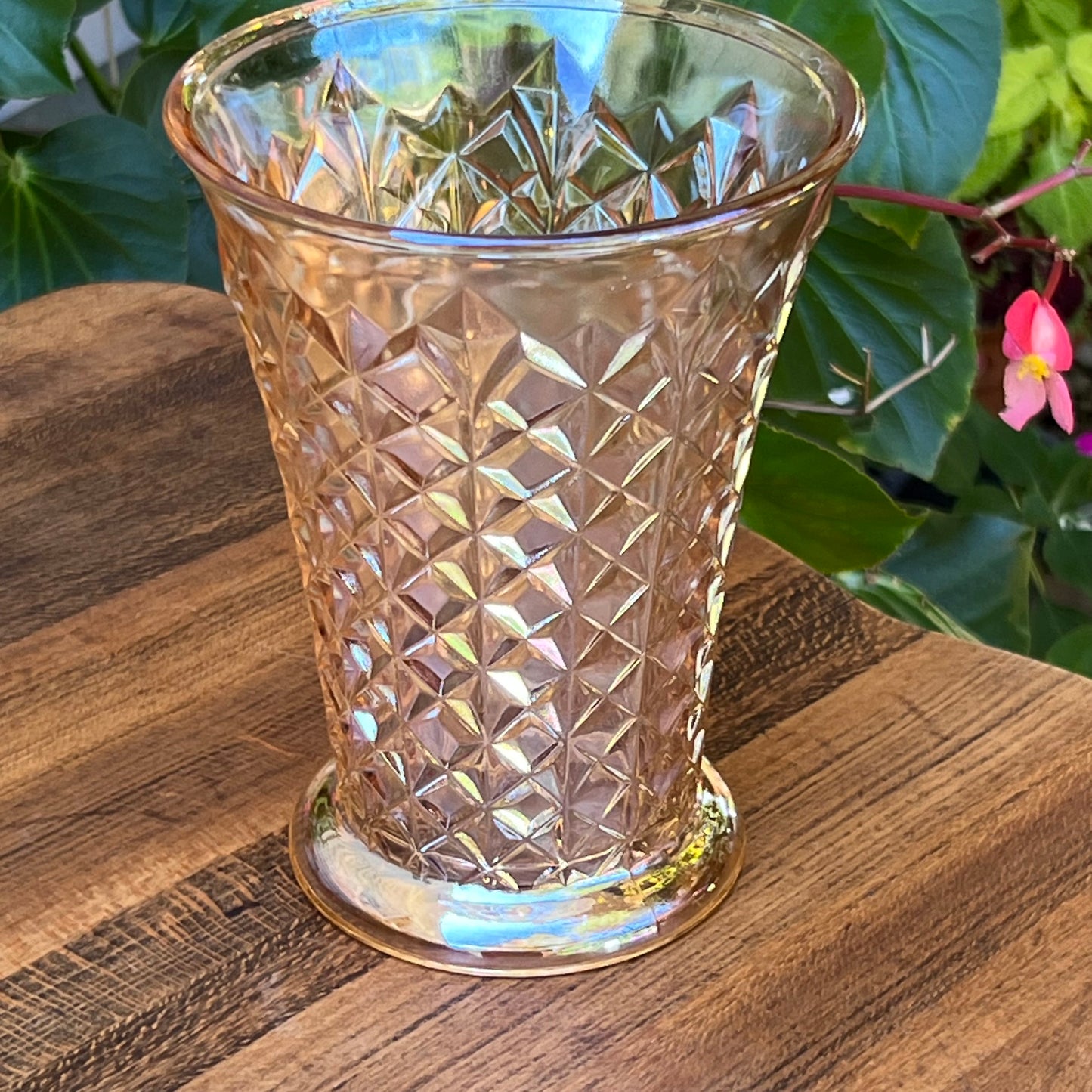 Vintage Sowerby Diamond Pinwheel Peach Carnival Glass Vase