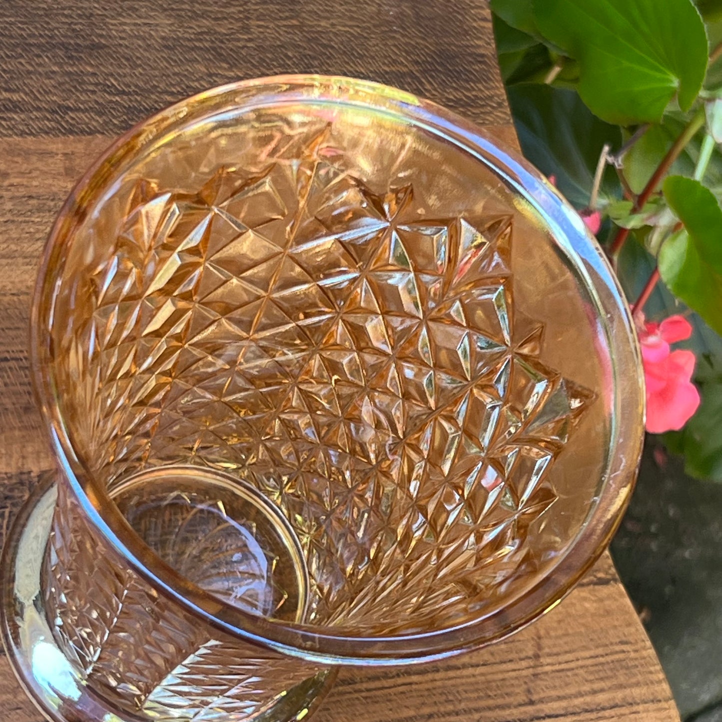 Vintage Sowerby Diamond Pinwheel Peach Carnival Glass Vase
