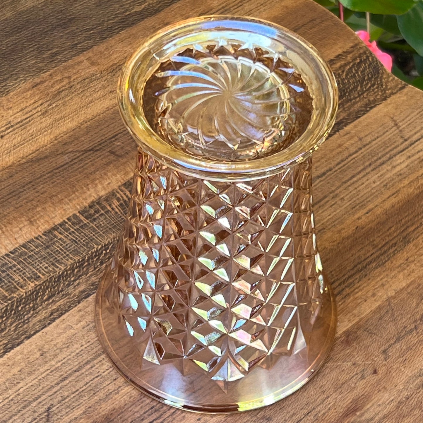 Vintage Sowerby Diamond Pinwheel Peach Carnival Glass Vase
