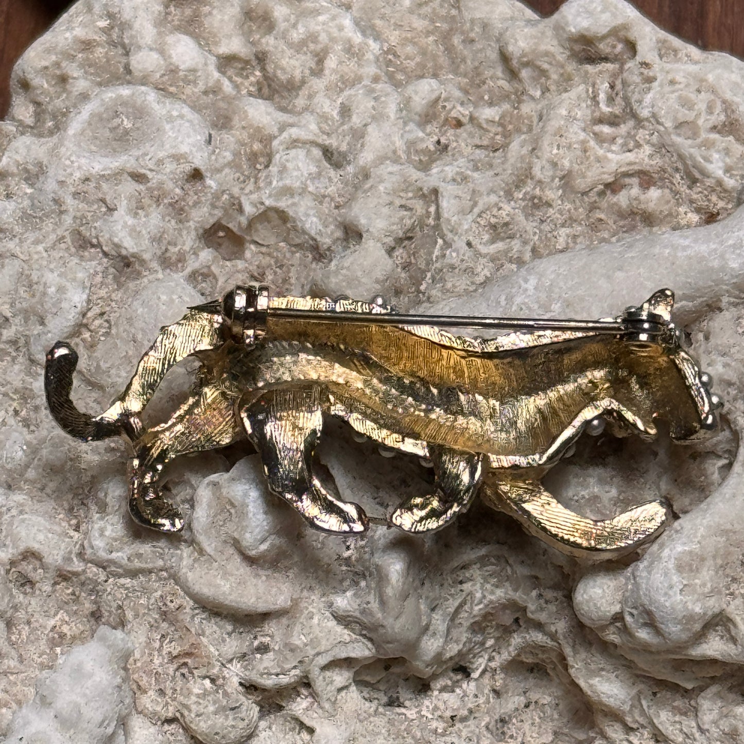 Vintage Faux Pearl and Black Enamel Tiger Pin