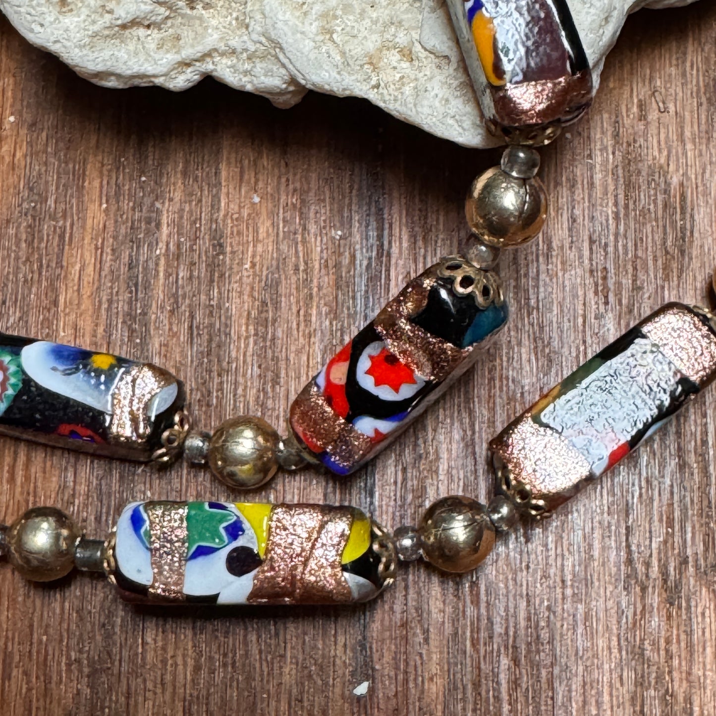 Vintage Venetian Murano Millefiori Rectangular Bead Necklace