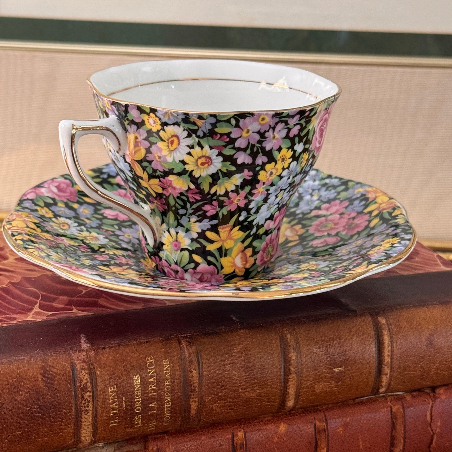 Rosina English Bone China Black Tapestry Chintz Tea Cup & Saucer
