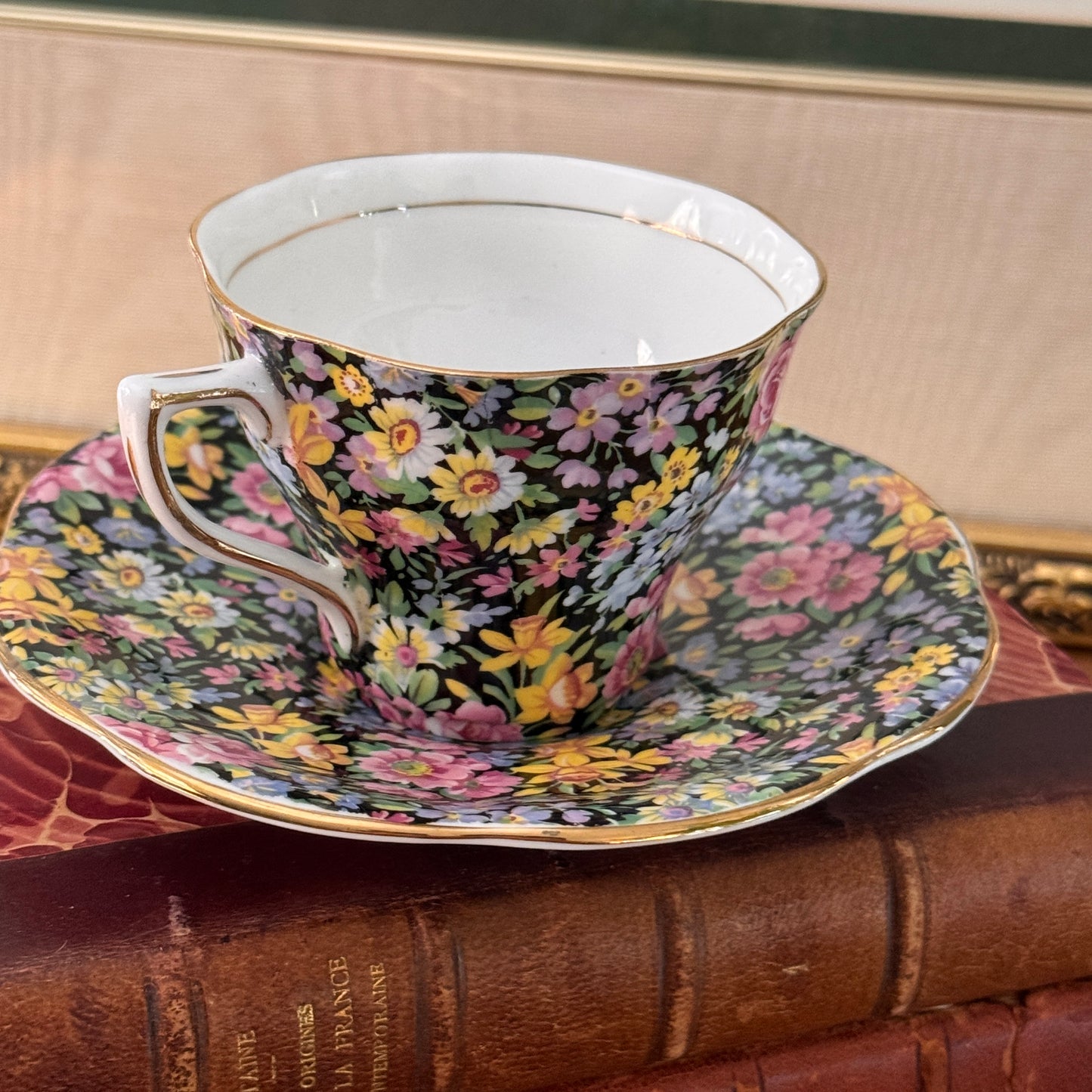 Rosina English Bone China Black Tapestry Chintz Tea Cup & Saucer