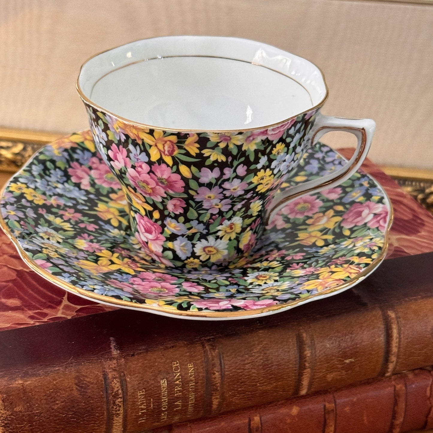 Rosina English Bone China Black Tapestry Chintz Tea Cup & Saucer