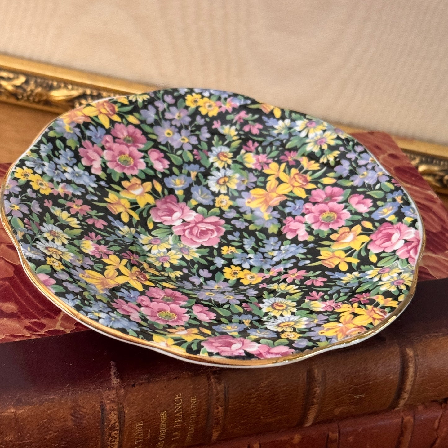 Rosina English Bone China Black Tapestry Chintz Tea Cup & Saucer