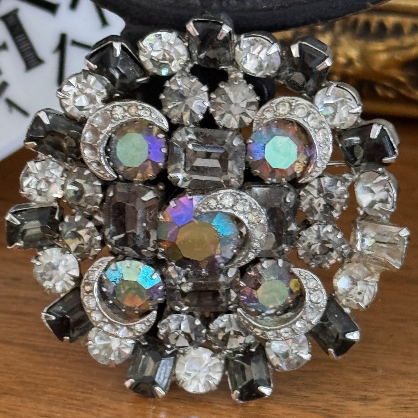 Mid Century Modern Black, Black Diamond & Clear Rhinstone Pin