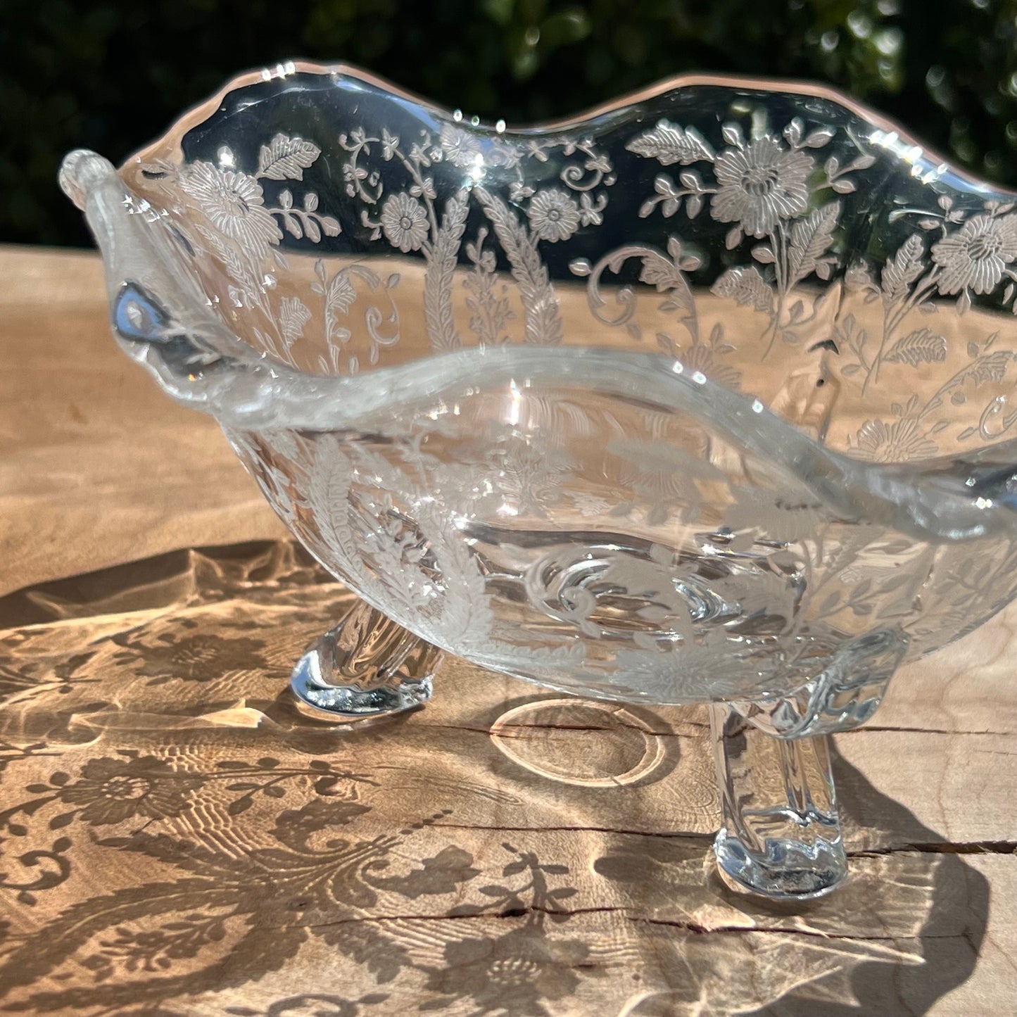 Vintage Floral Etched Clear Glass Footed Mayonnaise Bowl