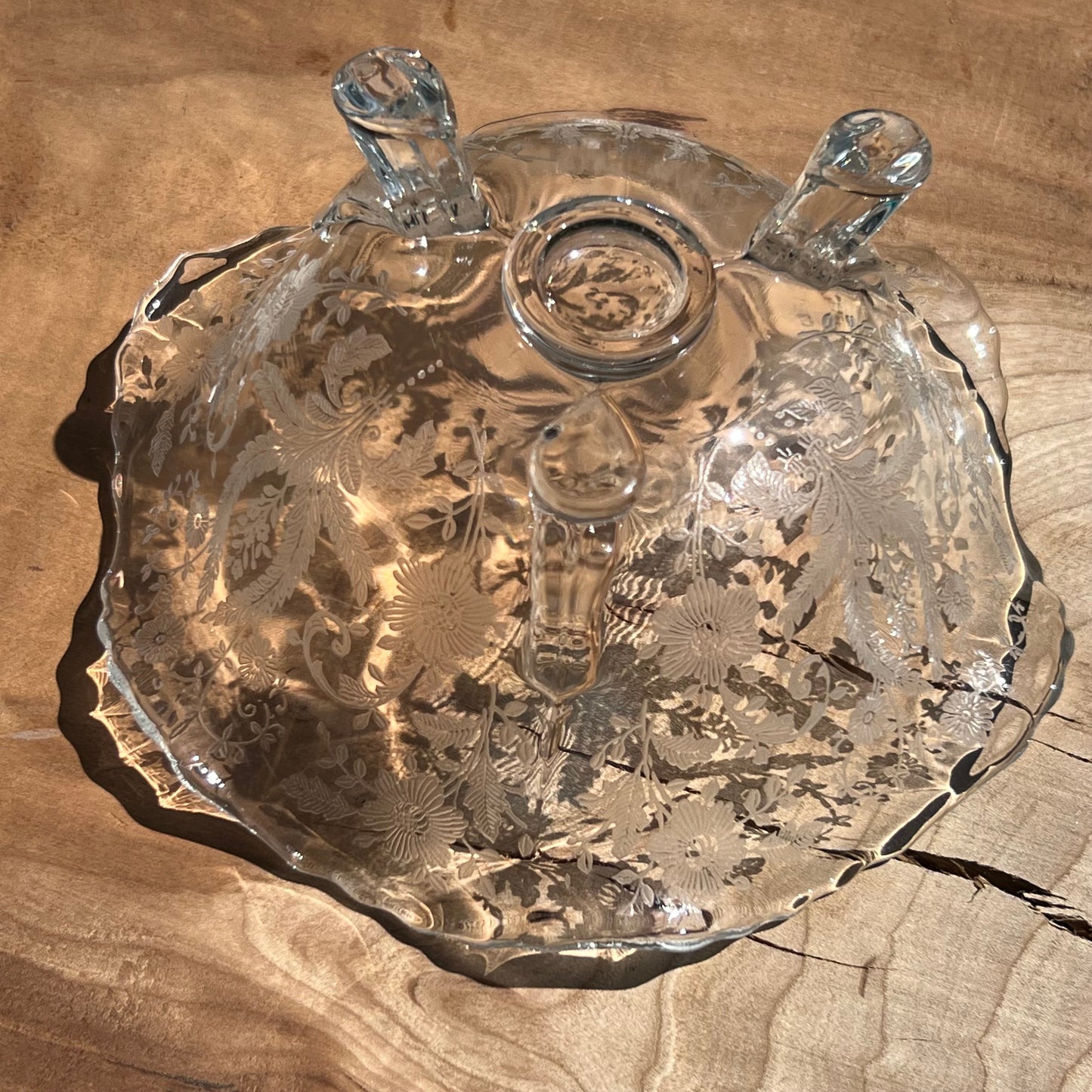 Vintage Floral Etched Clear Glass Footed Mayonnaise Bowl