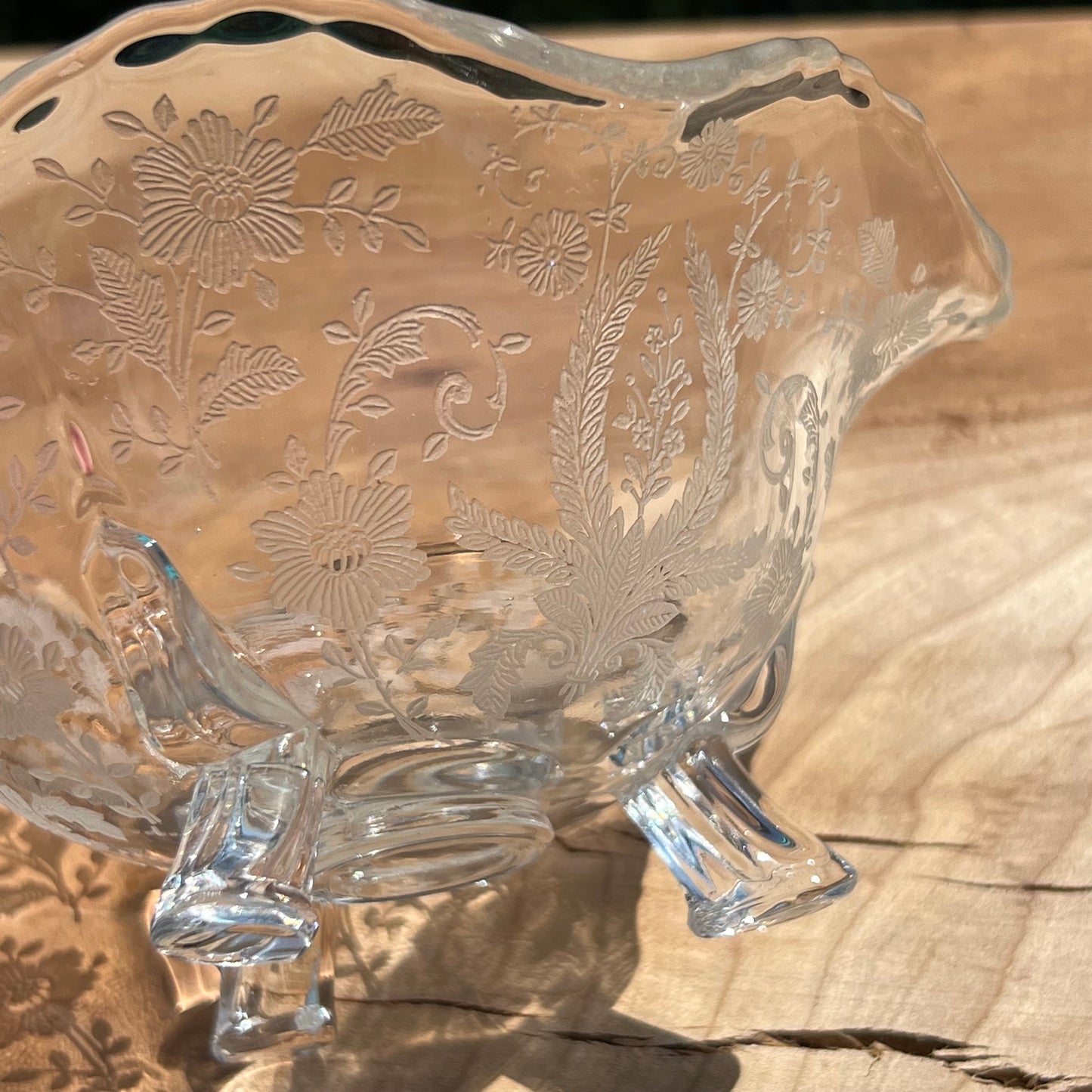 Vintage Floral Etched Clear Glass Footed Mayonnaise Bowl