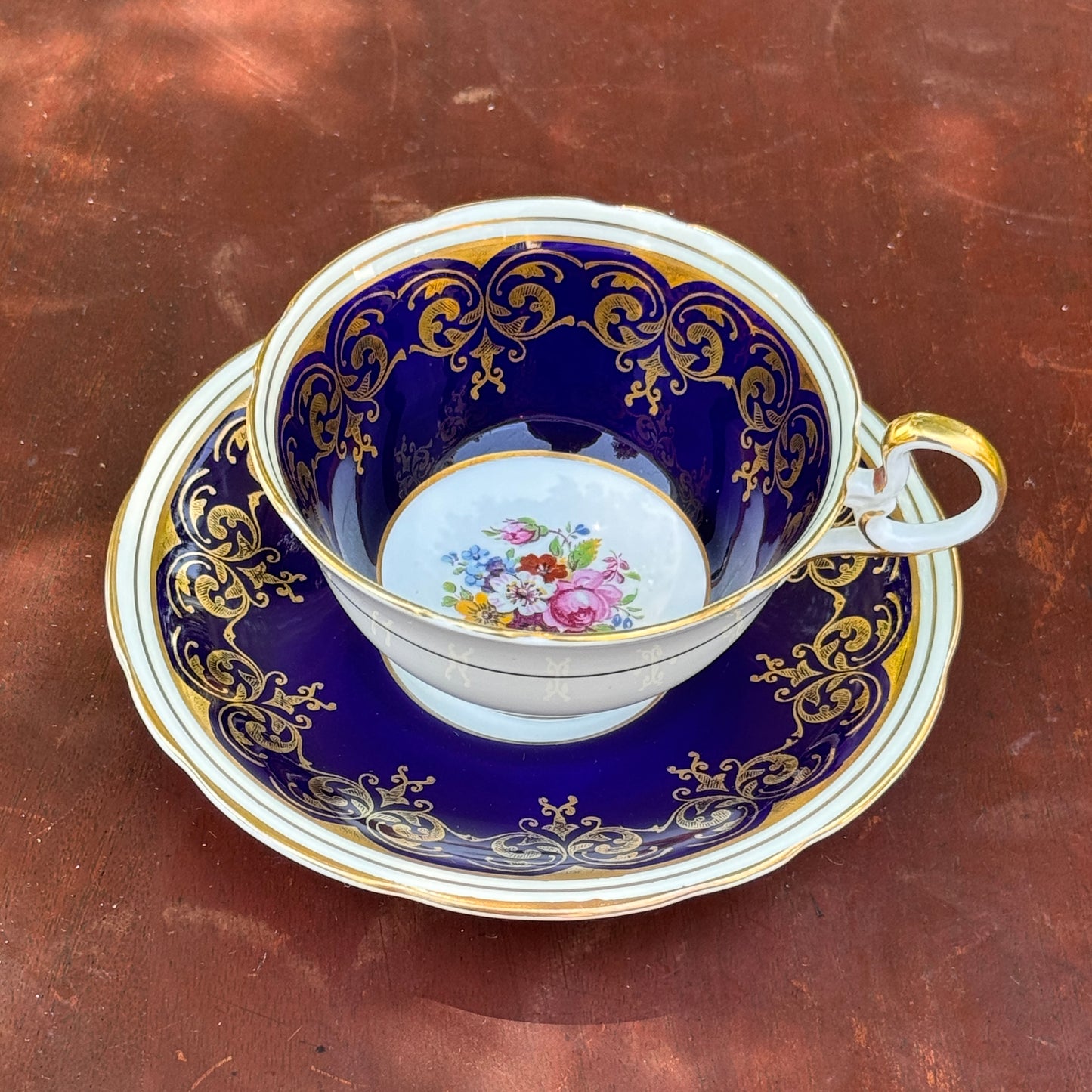 Aynsley Cabbage Rose Tea Cup and Saucer Cobalt Blue and Pink Rose