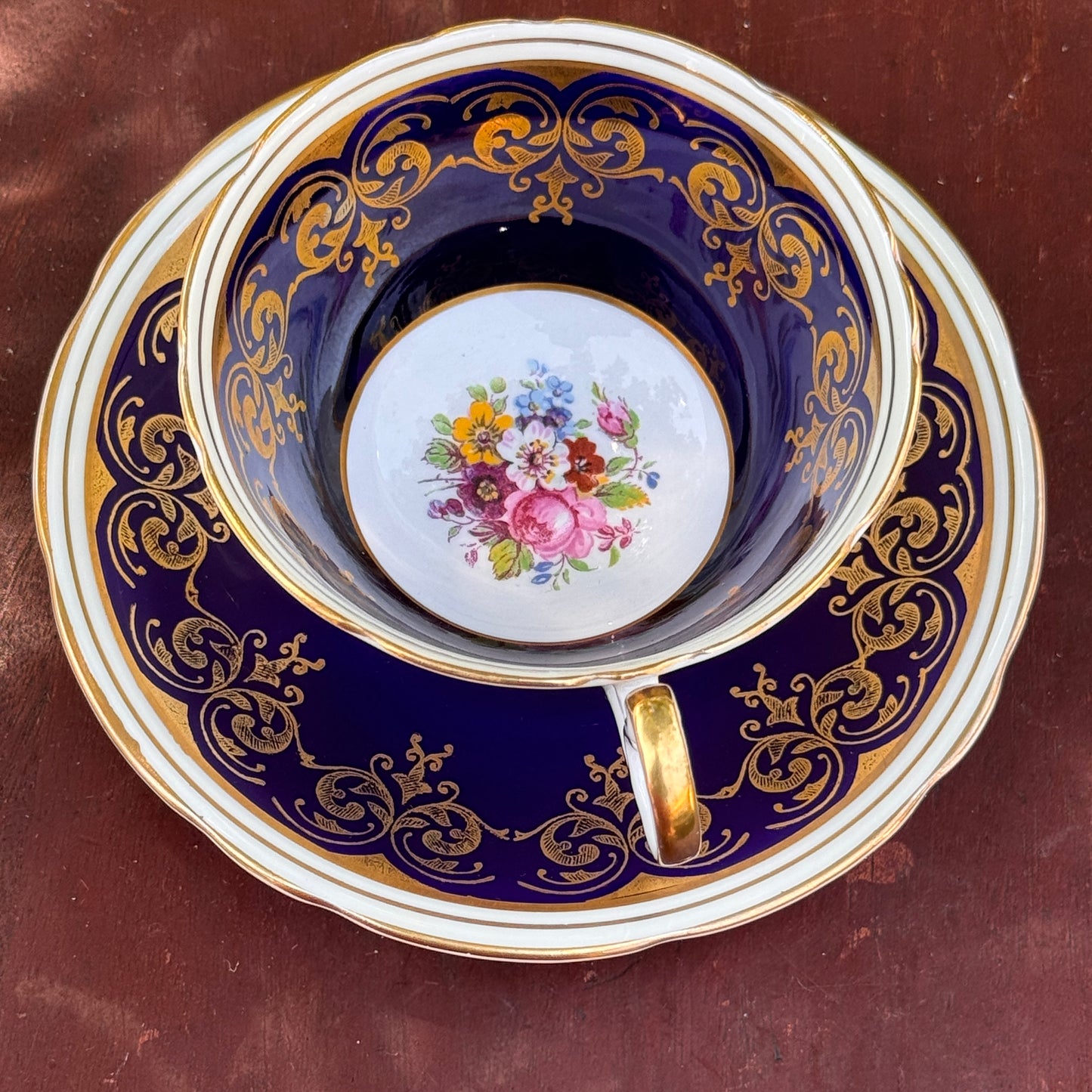 Aynsley Cabbage Rose Tea Cup and Saucer Cobalt Blue and Pink Rose