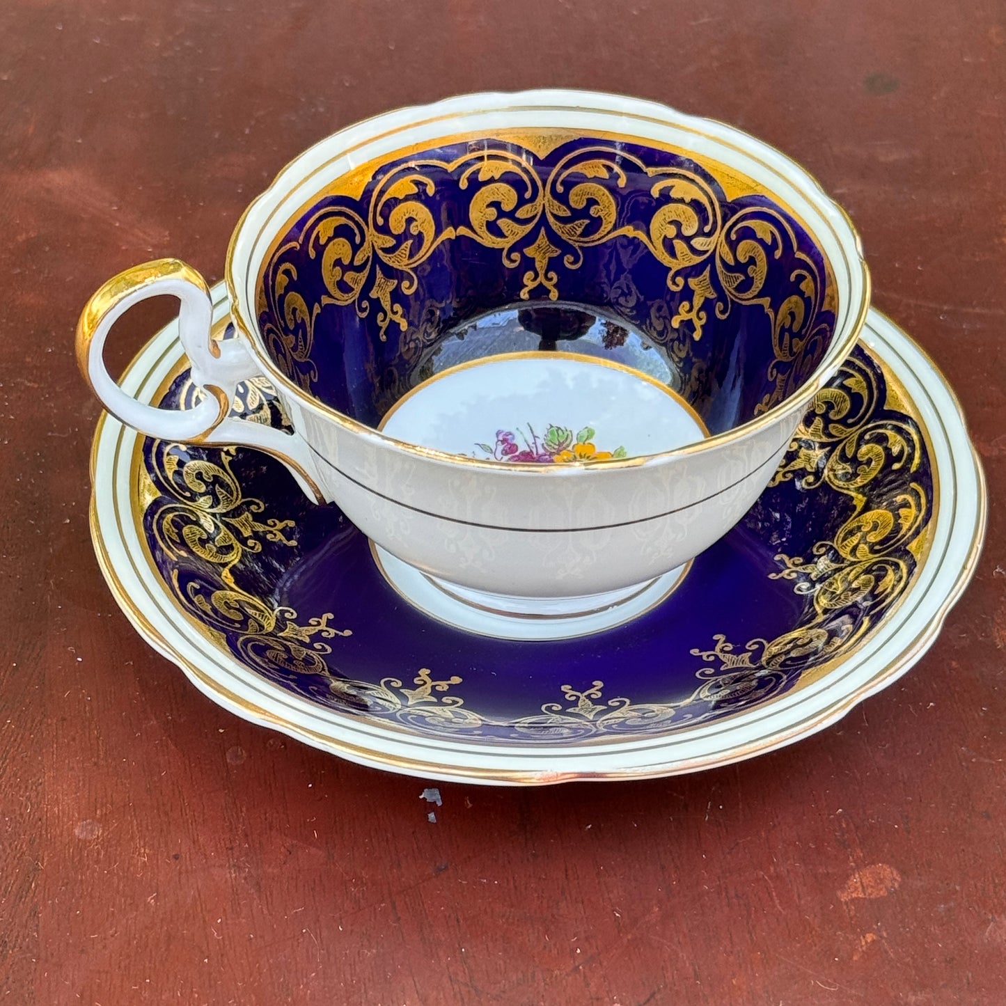 Aynsley Cabbage Rose Tea Cup and Saucer Cobalt Blue and Pink Rose