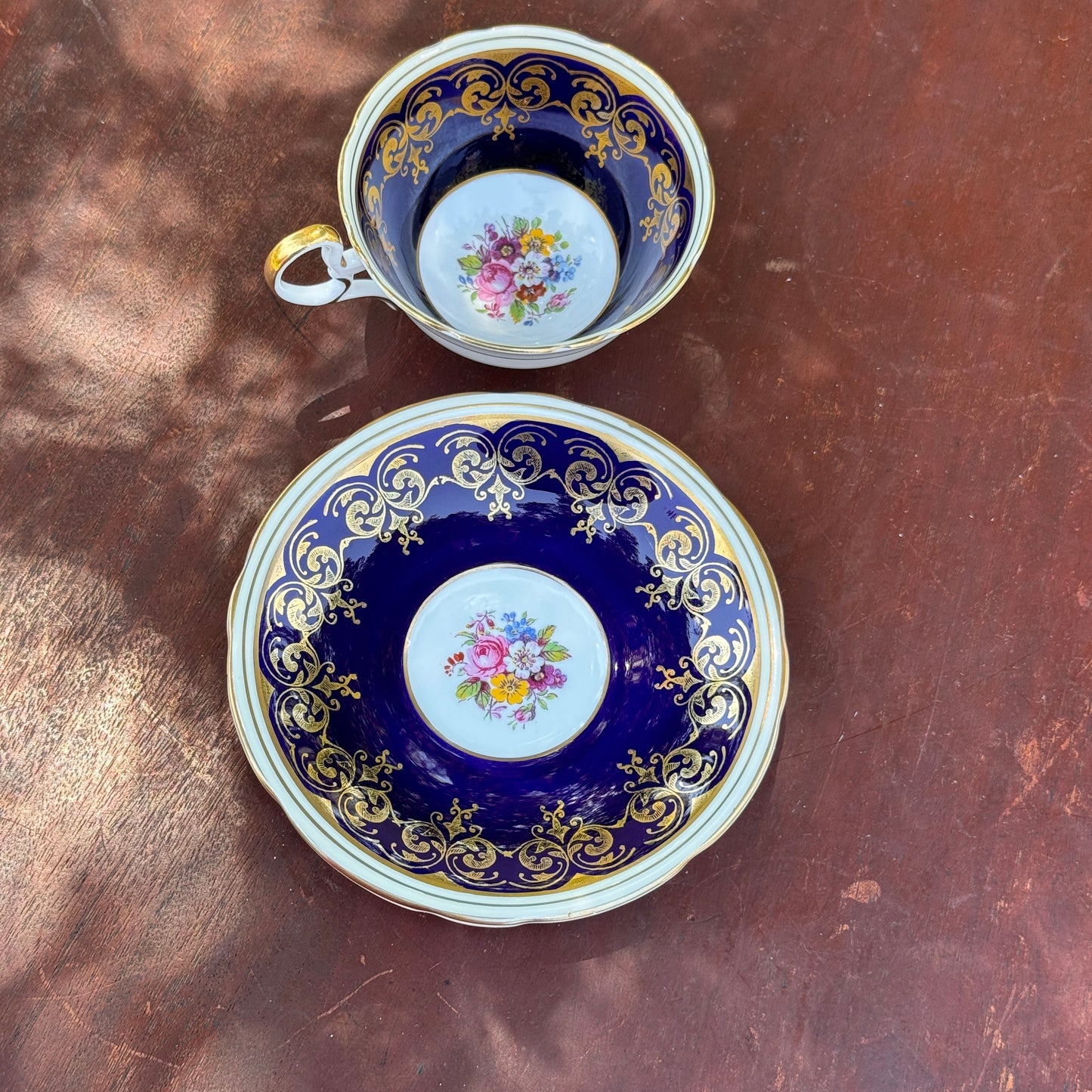 Aynsley Cabbage Rose Tea Cup and Saucer Cobalt Blue and Pink Rose
