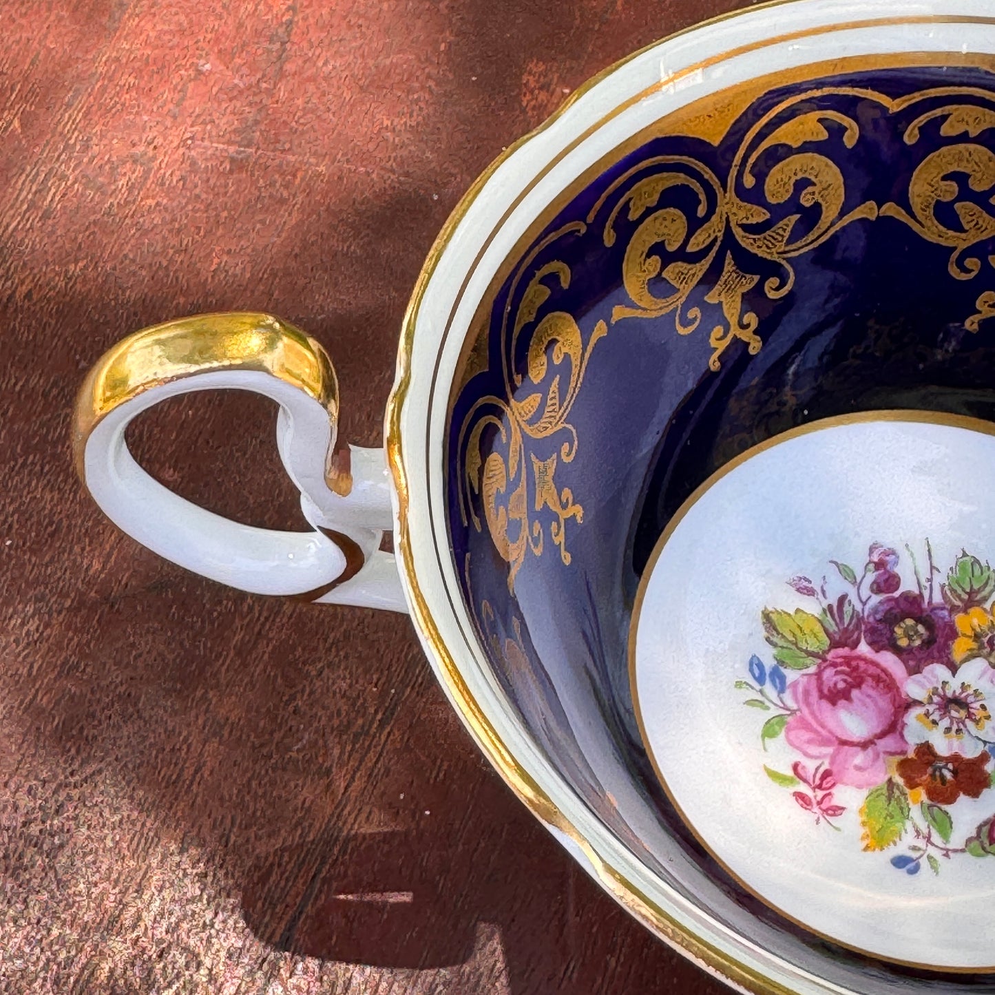 Aynsley Cabbage Rose Tea Cup and Saucer Cobalt Blue and Pink Rose