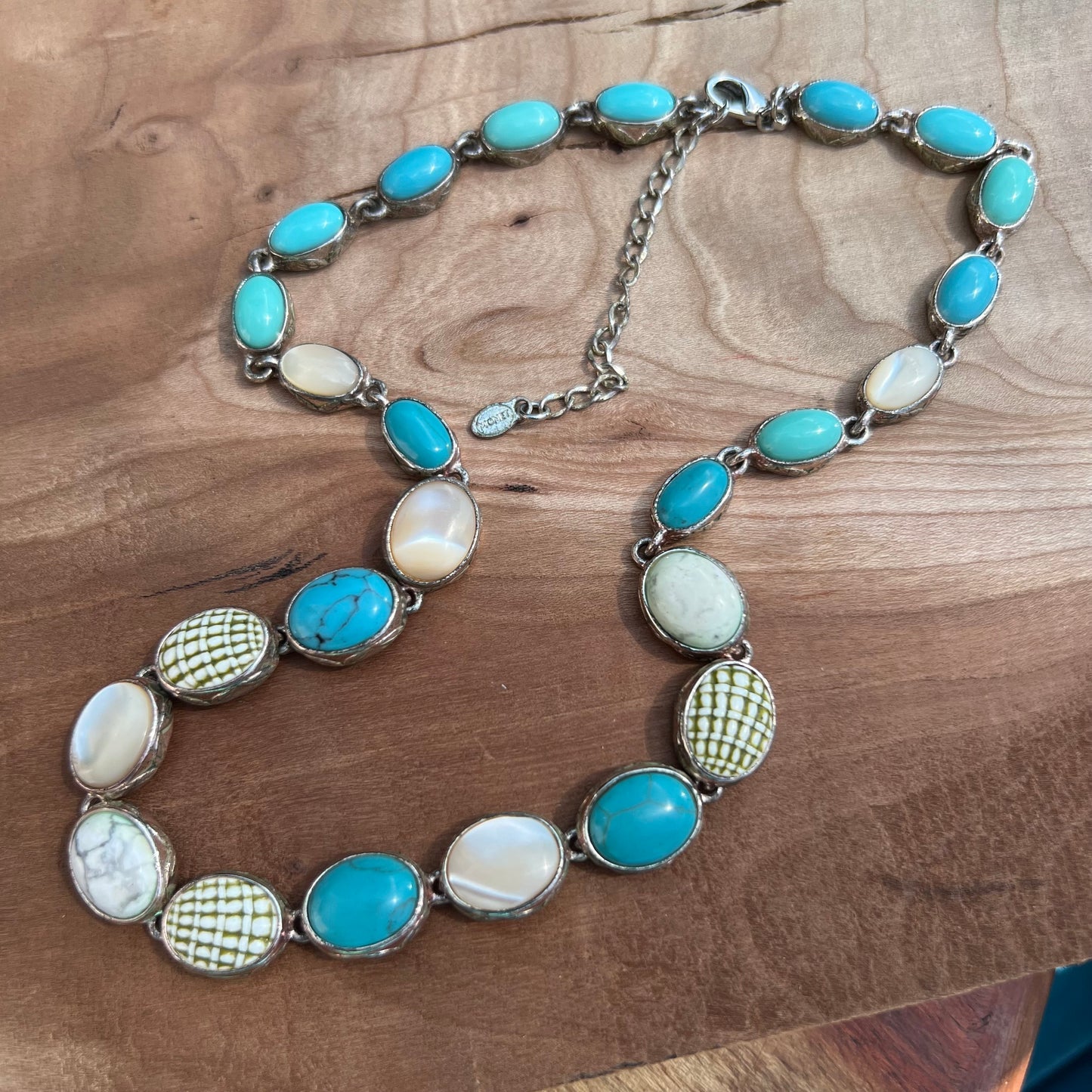 Vintage Monet Semi Precious Gemstone Turquoise, Blue Howlite, MOP Necklace