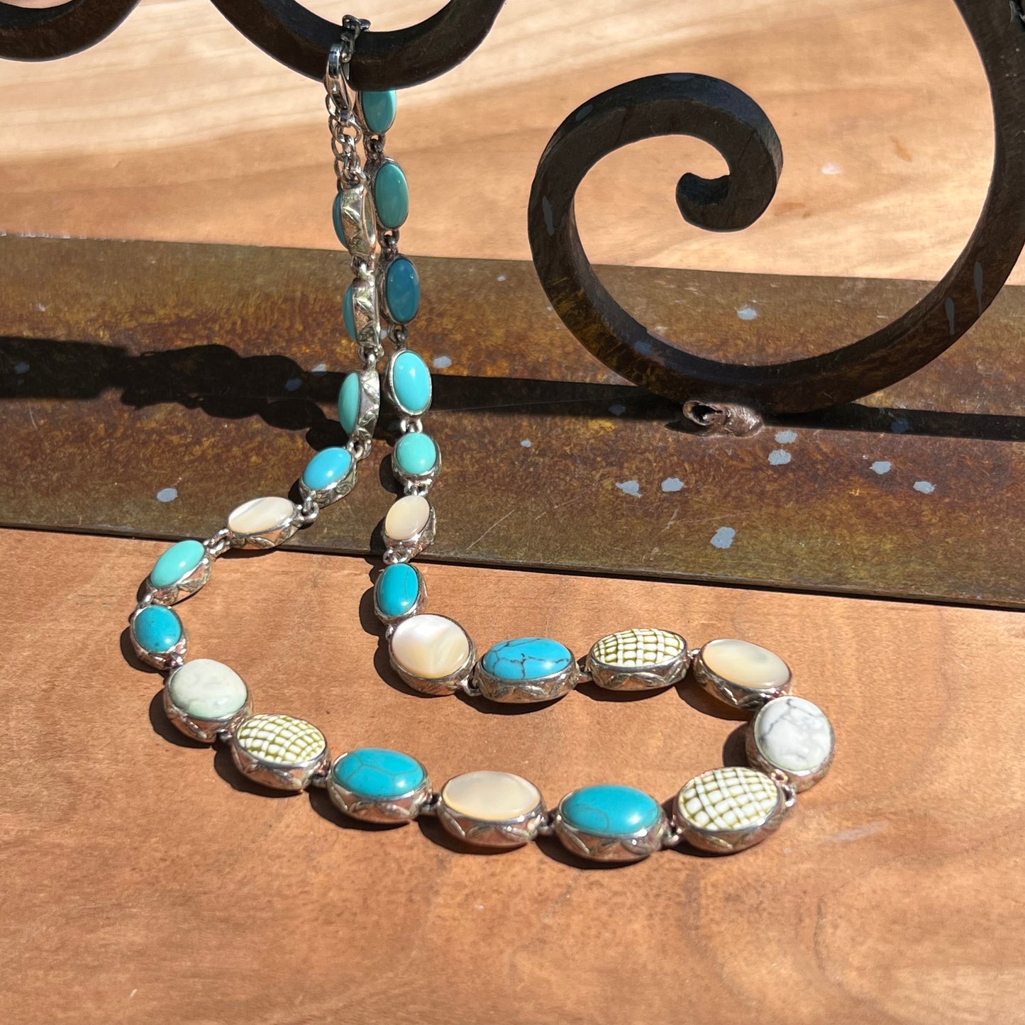 Vintage Monet Semi Precious Gemstone Turquoise, Blue Howlite, MOP Necklace