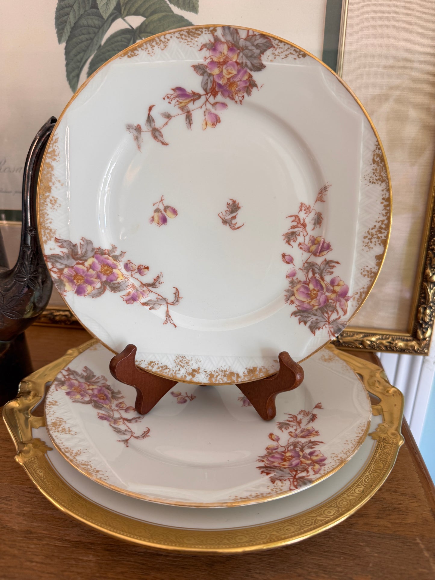 B & Co Gilt Handled Serving Dish and Two Elite French Limoges Dessert Plates