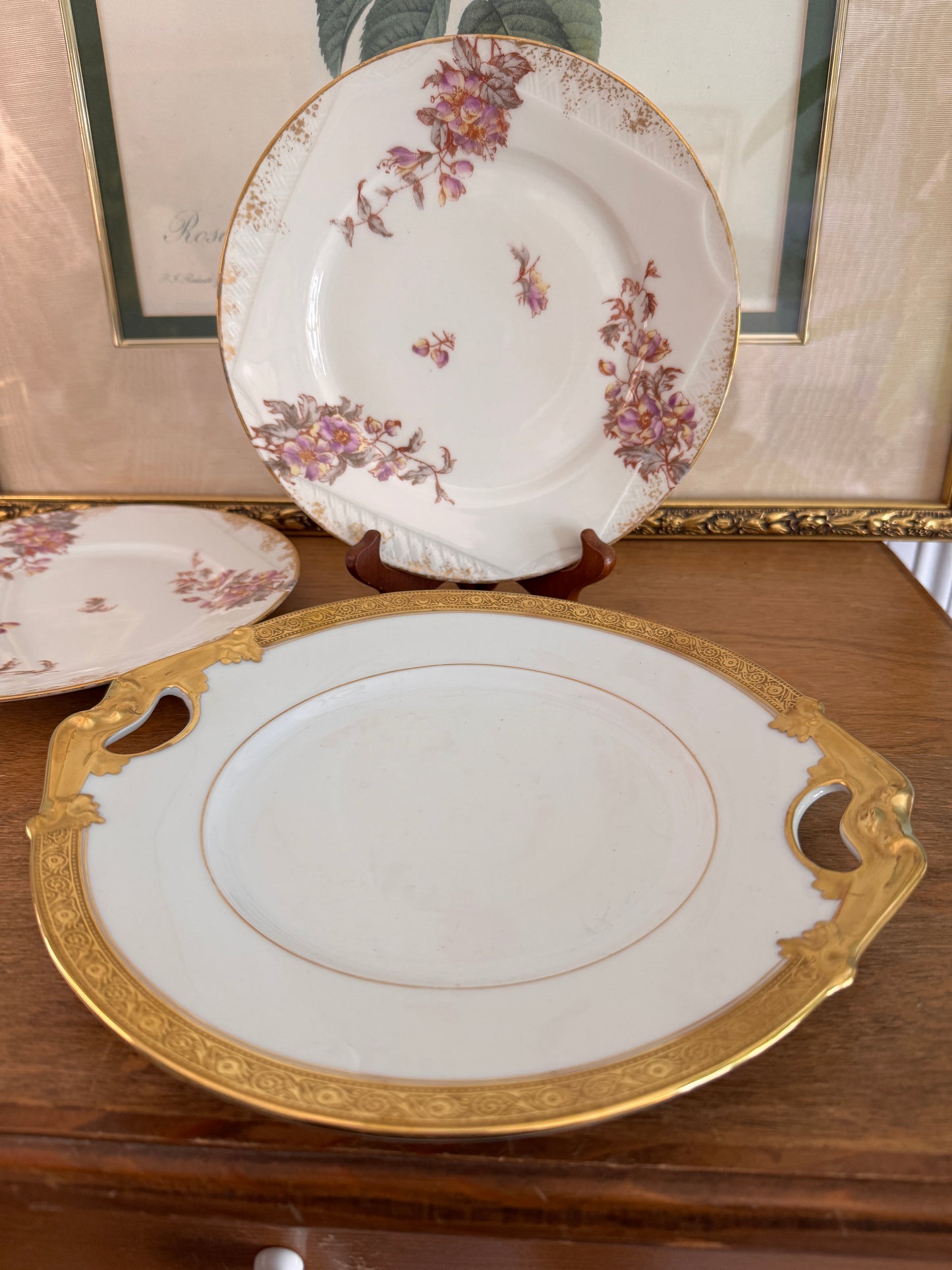 B & Co Gilt Handled Serving Dish and Two Elite French Limoges Dessert Plates