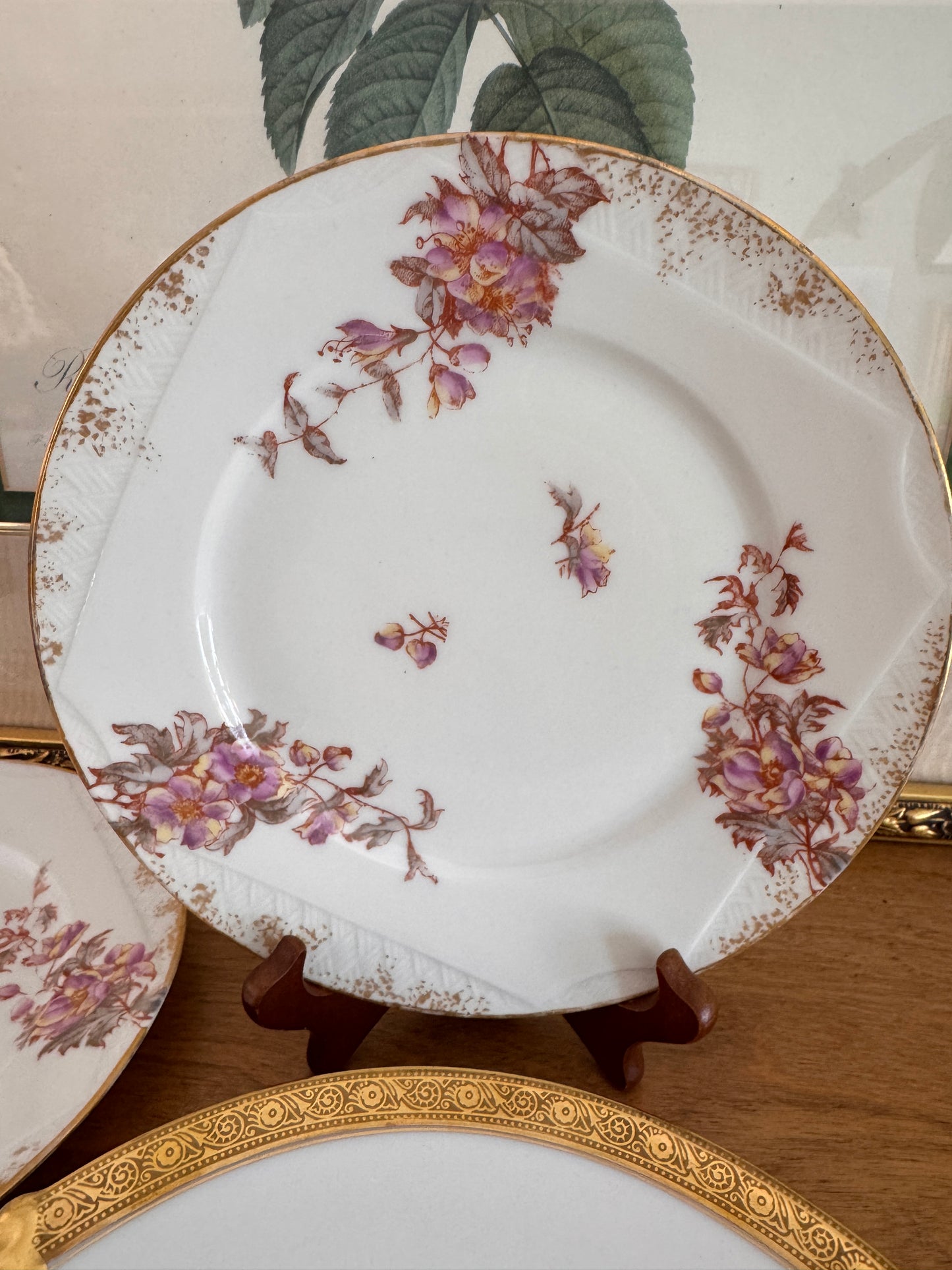 B & Co Gilt Handled Serving Dish and Two Elite French Limoges Dessert Plates
