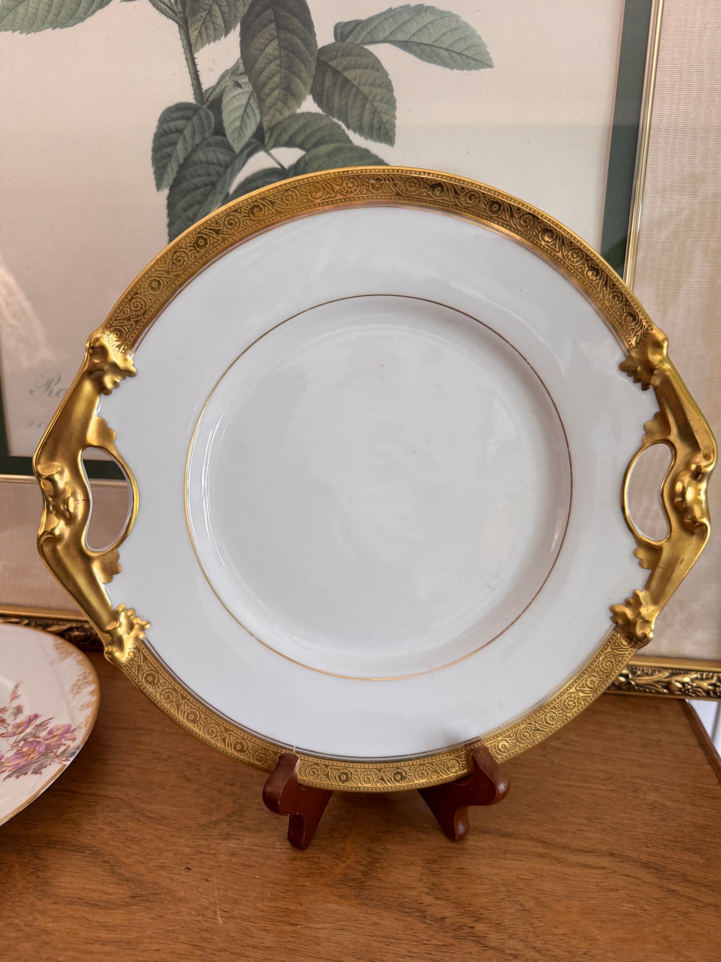B & Co Gilt Handled Serving Dish and Two Elite French Limoges Dessert Plates