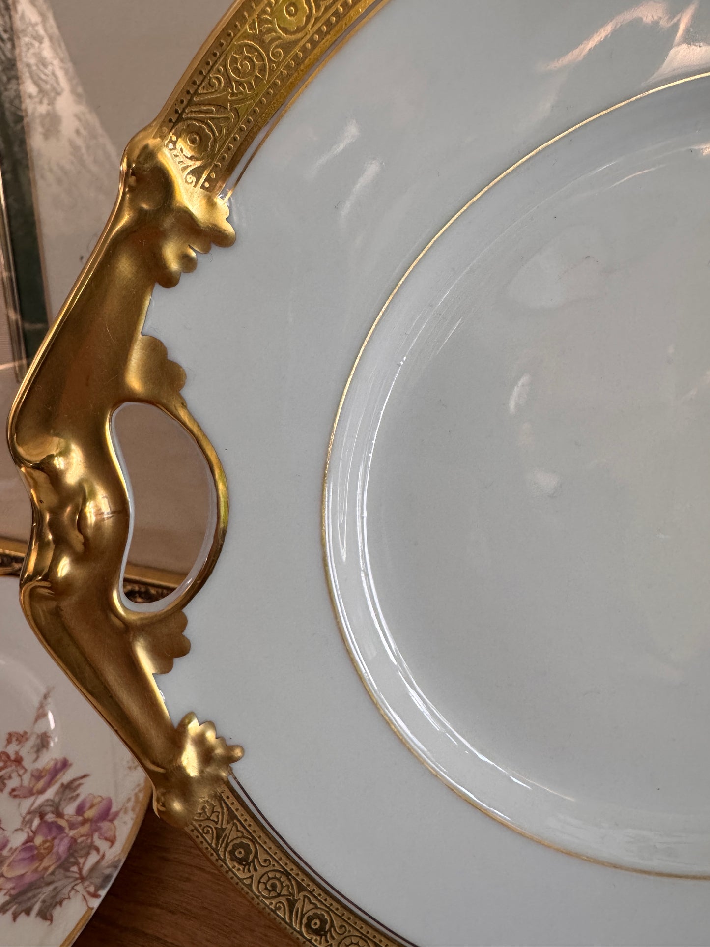 B & Co Gilt Handled Serving Dish and Two Elite French Limoges Dessert Plates