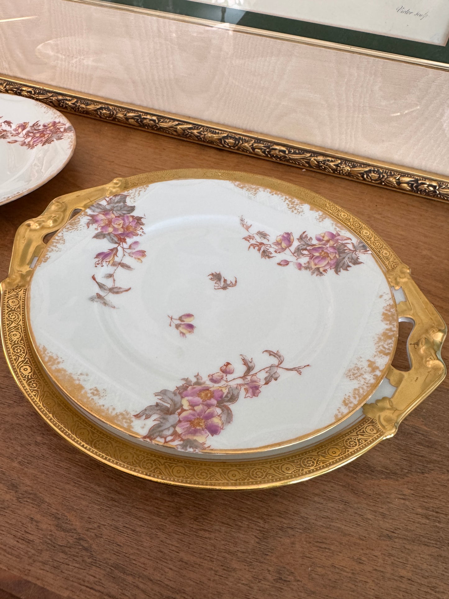 B & Co Gilt Handled Serving Dish and Two Elite French Limoges Dessert Plates