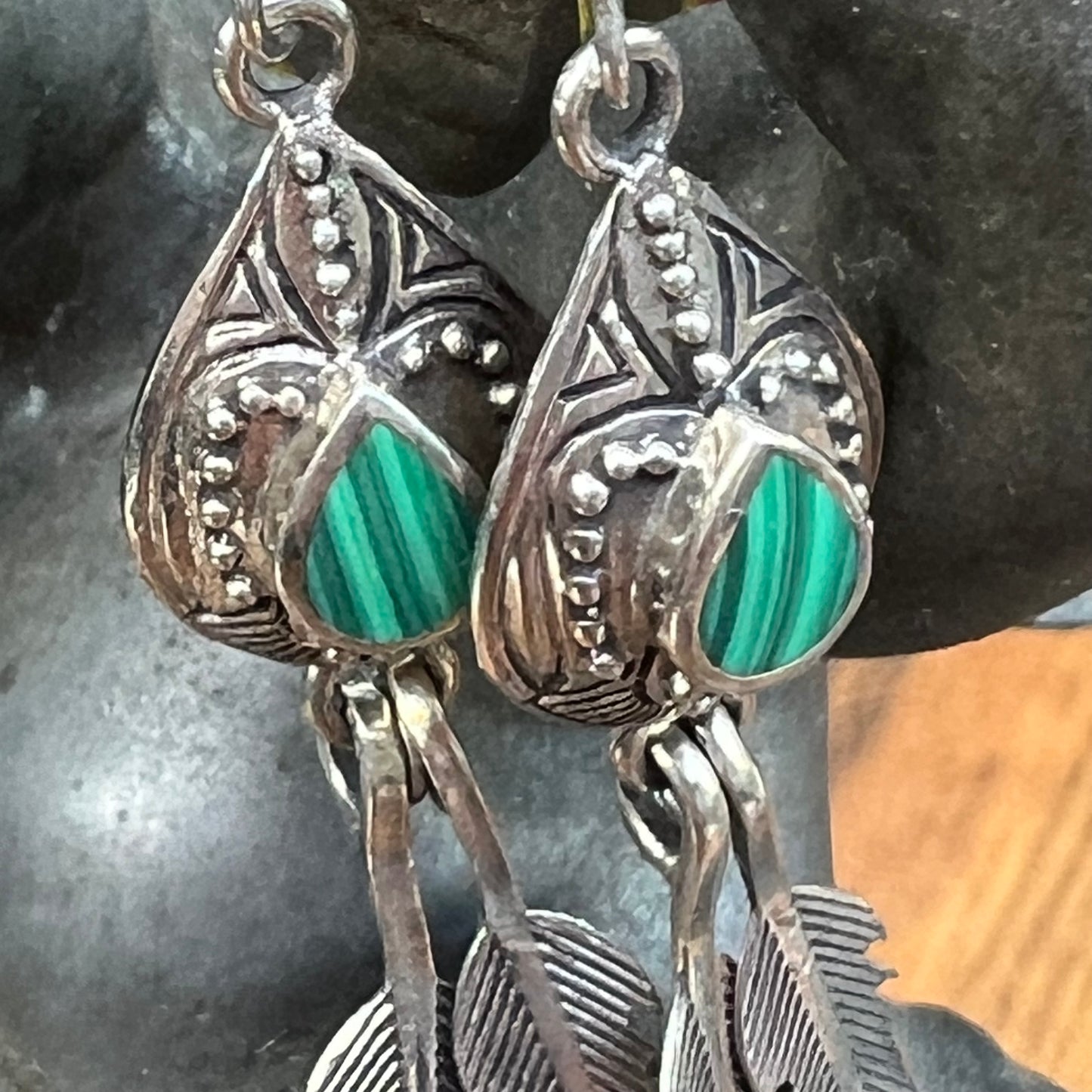 Vintage Sterling Silver & Malachite Semi Precioous Gemstone Feather Earrings