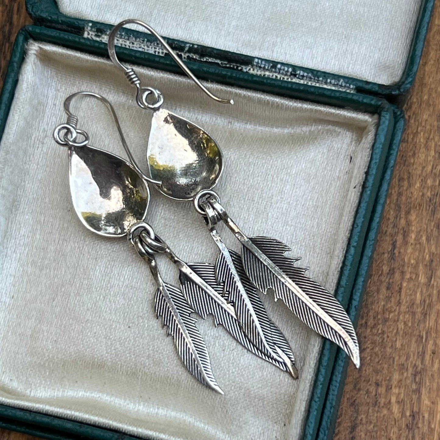Vintage Sterling Silver & Malachite Semi Precioous Gemstone Feather Earrings