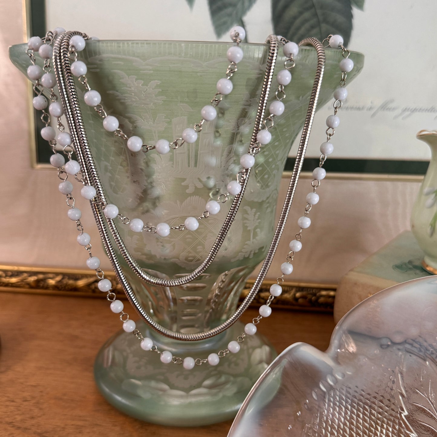 Vintage Layered Multi Strand White Bead & Silver Tone Snake Chain Necklace