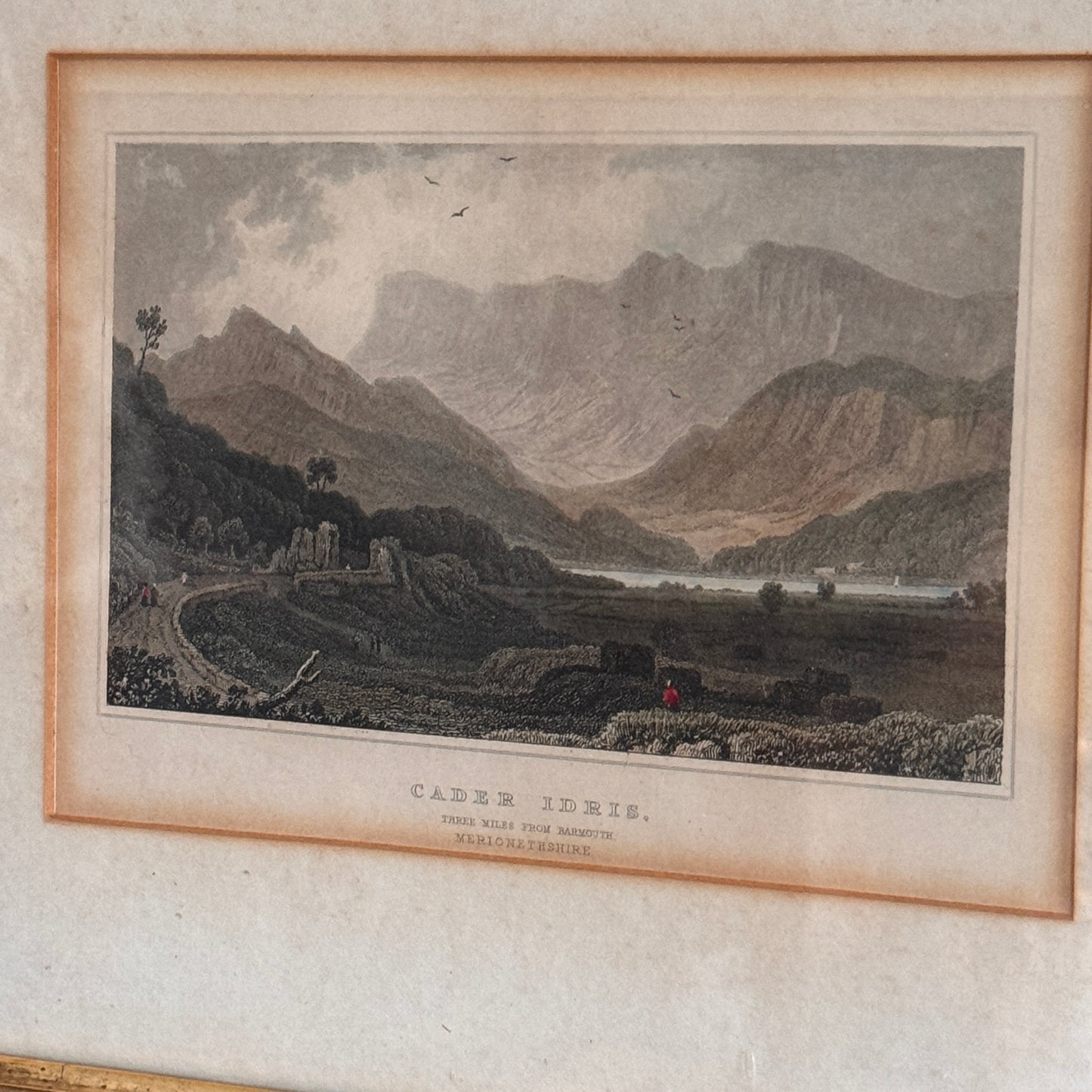 Antique Hand Colored Engraving Cader Idris Wales 1830 Black Forest Adirondack Frame