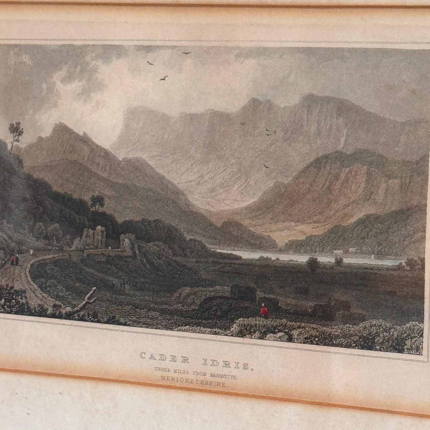 Antique Hand Colored Engraving Cader Idris Wales 1830 Black Forest Adirondack Frame
